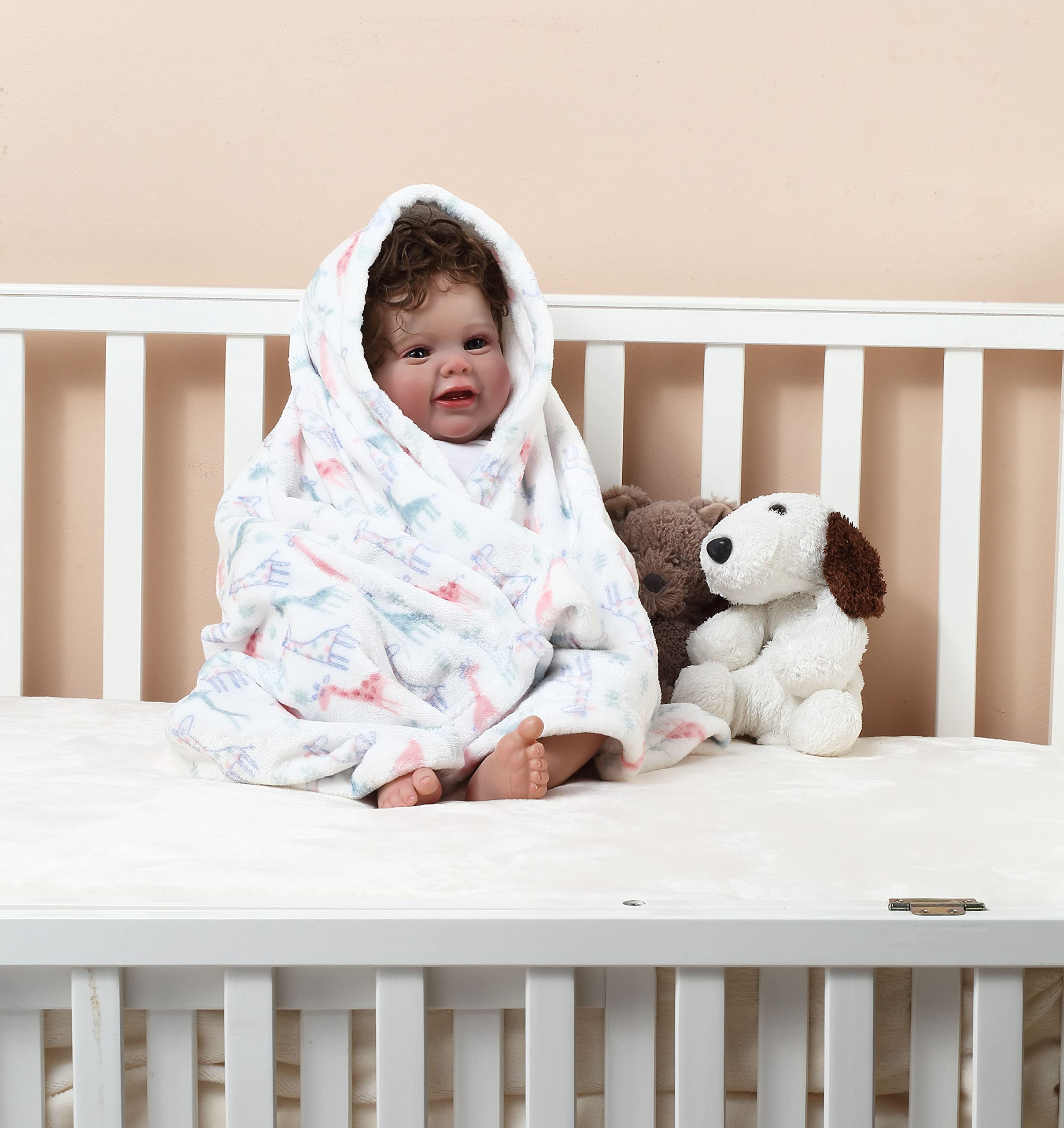 CREVENT, Graziosa copertina per bambini e bambine in morbidissimo peluche, per culla e passeggino, adatta a tutte le stagioni (75 x 100 cm, avorio, motivo con giraffa)