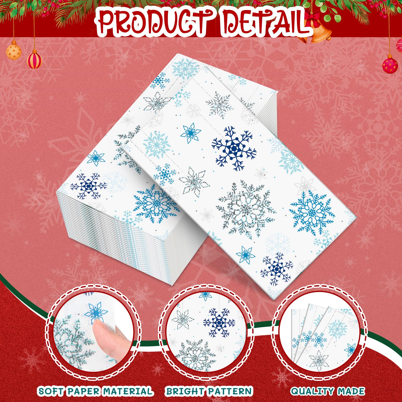 PerKoop 200 servilletas de papel de Navidad, servilletas de copo de nieve, con temática de nieve, toalla de mano desechable, servilletas decorativas para cena, servilletas de invitados para Navidad