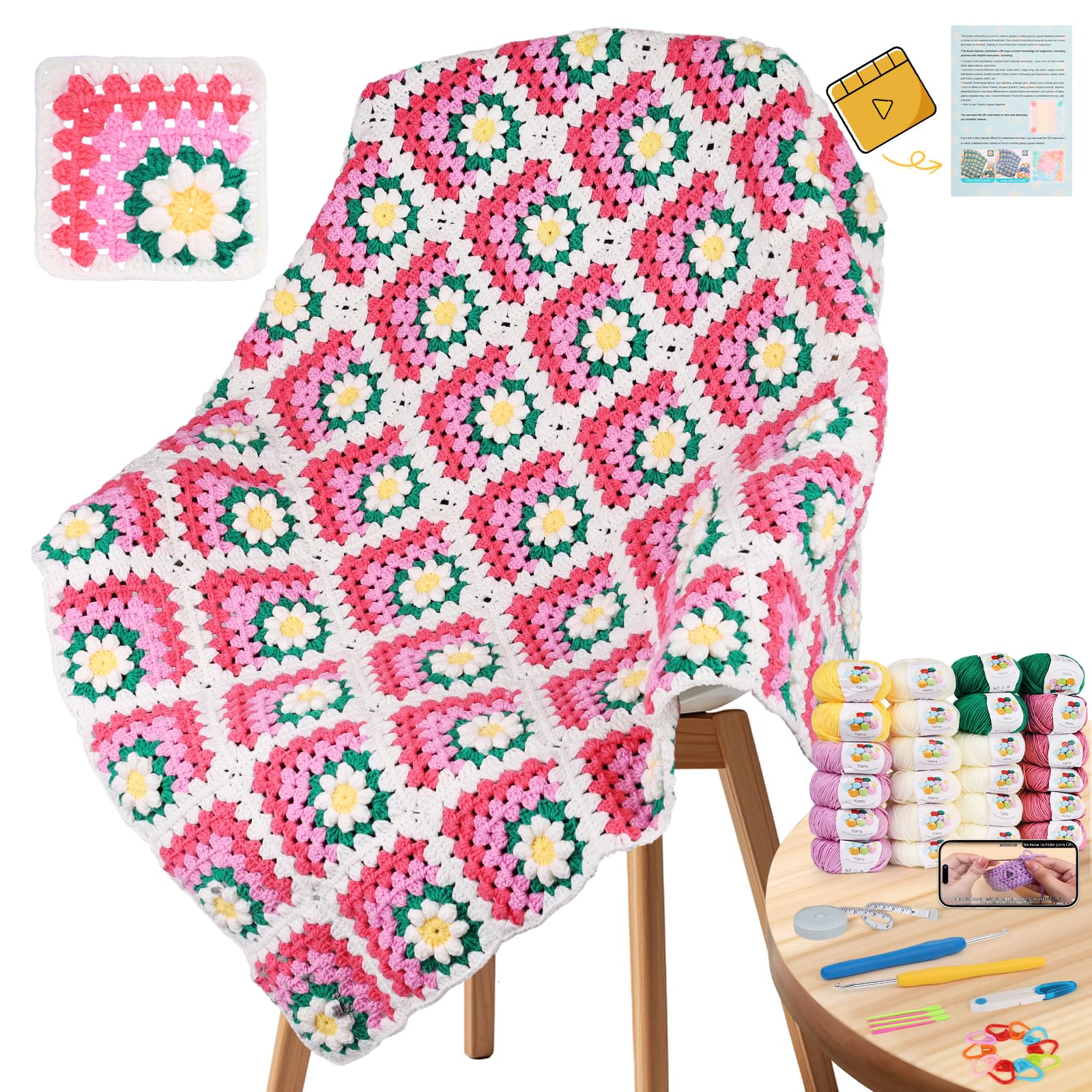 Coopay 3D Blanket Crochet Kit for Beginners, All-in-One Granny Square Blanket Kit with Step-by-Step Video &amp; Enough Yarns - Master 3D Granny Square Crocheting Easily, Ideal Gift for Craft Lovers (Pink)