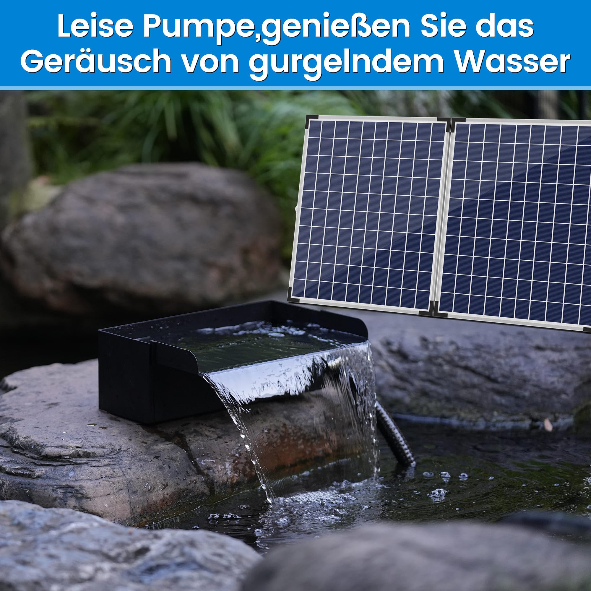 Biling Juego completo de cascada solar, 20 cm, acero inoxidable, con bomba de 2100 l/h, bomba de 2100 l/h, cascada, arroyo, para jardín, terraza, pared de agua