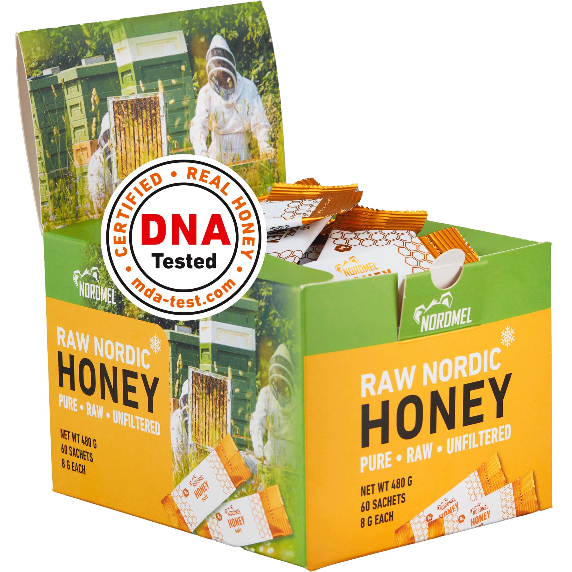 Soft Honey Sachets, Box of 60-8g Per Sachet - Crystallized, Pure, Natural, Unpasteurised, Unfiltered by Nordmel