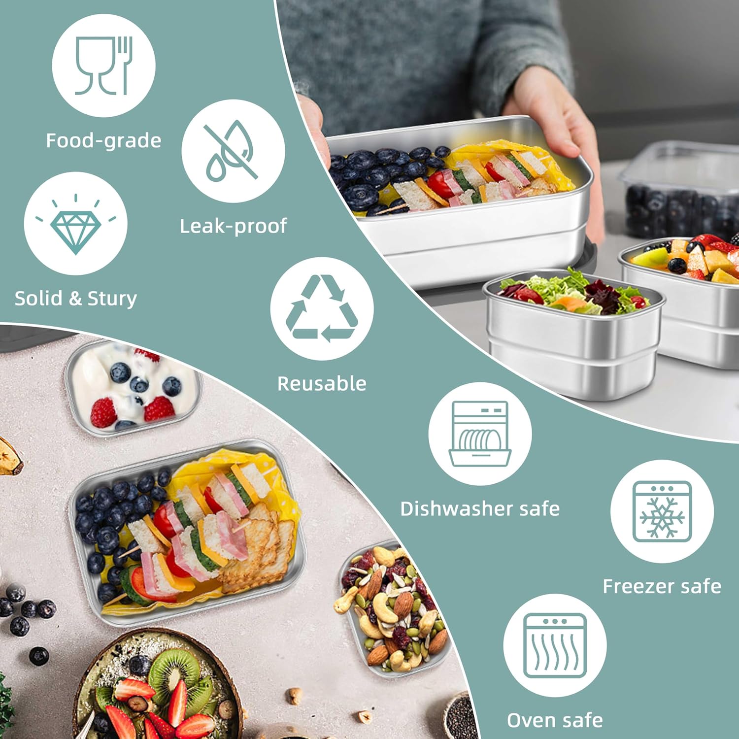 HaWare 8oz*2+25oz Stainless Steel Lunch Box for Kids, Leak Proof Lunch Containers with Silicone Lids, Easy Open Food Storage Container for School and Daycare, Portable Metal Bento Box, Dishwasher Safe - Image 4