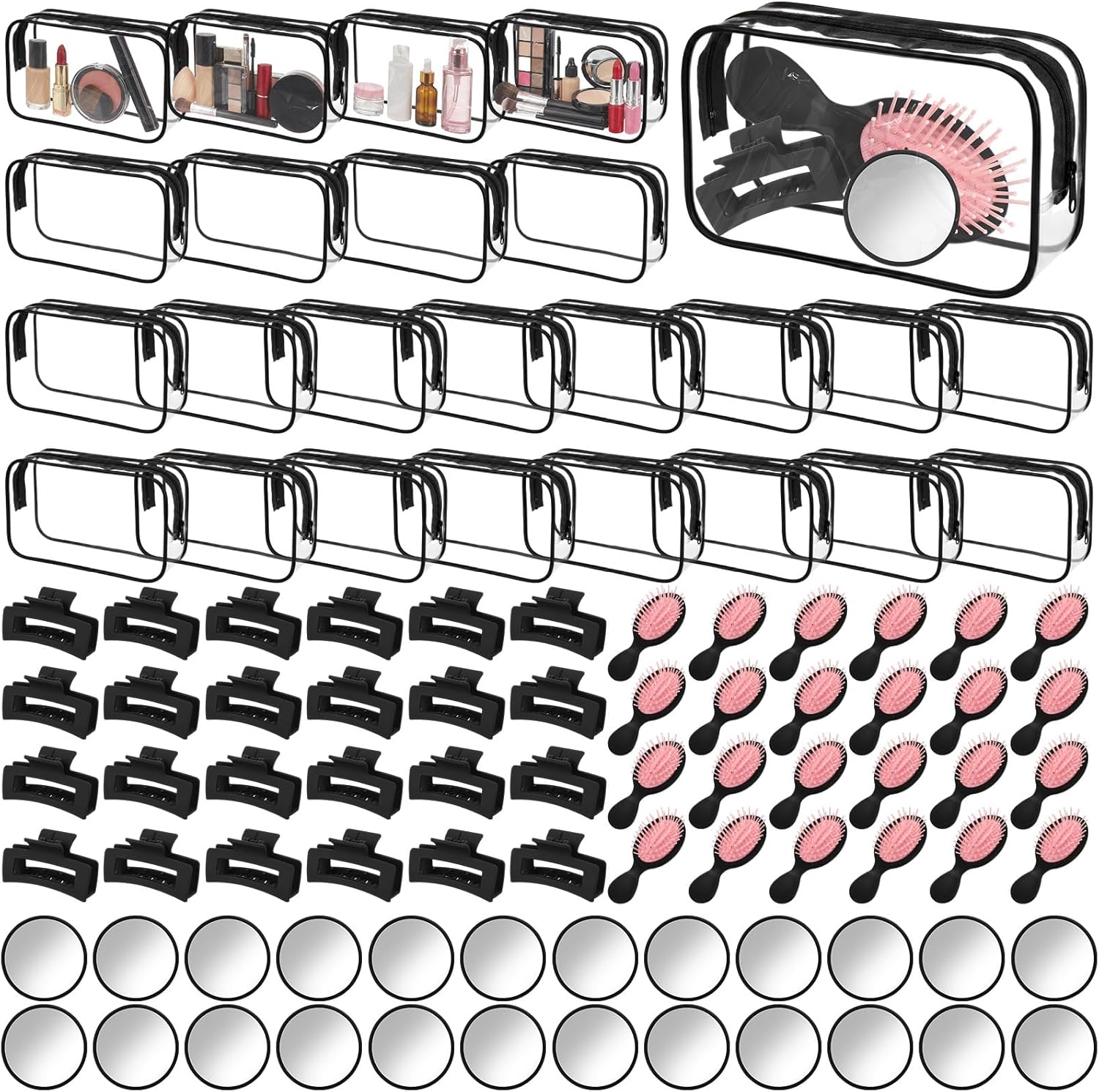 Abbylike 96 Pcs Spa Party Favors Bulk for Women Girls Black Beauty Self Care Gift Set with Makeup Bag Mirror Hair Brush and Clips Bridal Shower Birthday Party Favors Supplies Beauty Stocking Stuffers