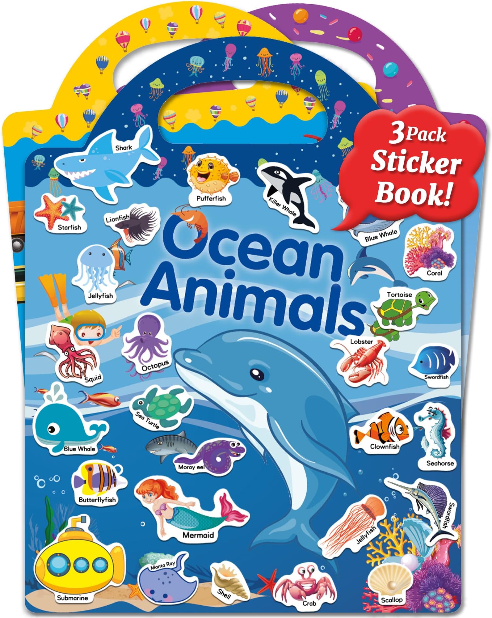 Benresive Reusable Sticker Book for Toddlers, Stickers for Kids, Travel Toys for Arts & Crafts Activities, Birthday Gift for Boys & Girls, Ocean Animals, Fairy and Vehicle Themes