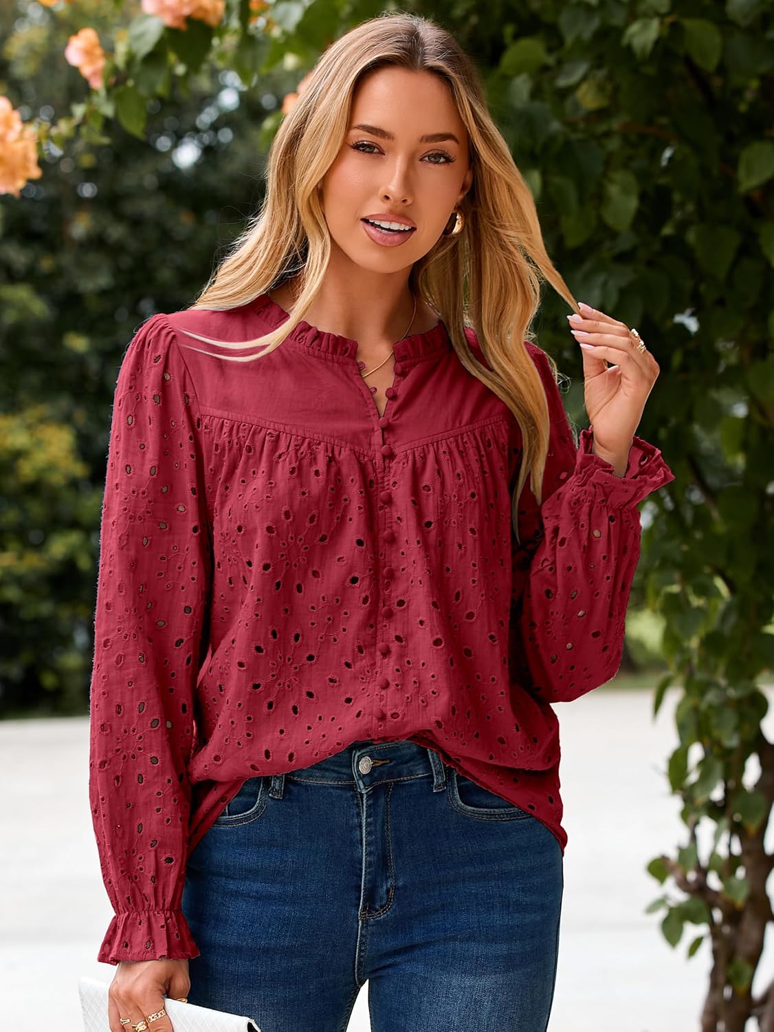 Simplee Womens Casual Tops Blouse 2025 Eyelet Embroidered Puff Long Sleeve Fall Top Dressy Lace Button Shirts - Image 2