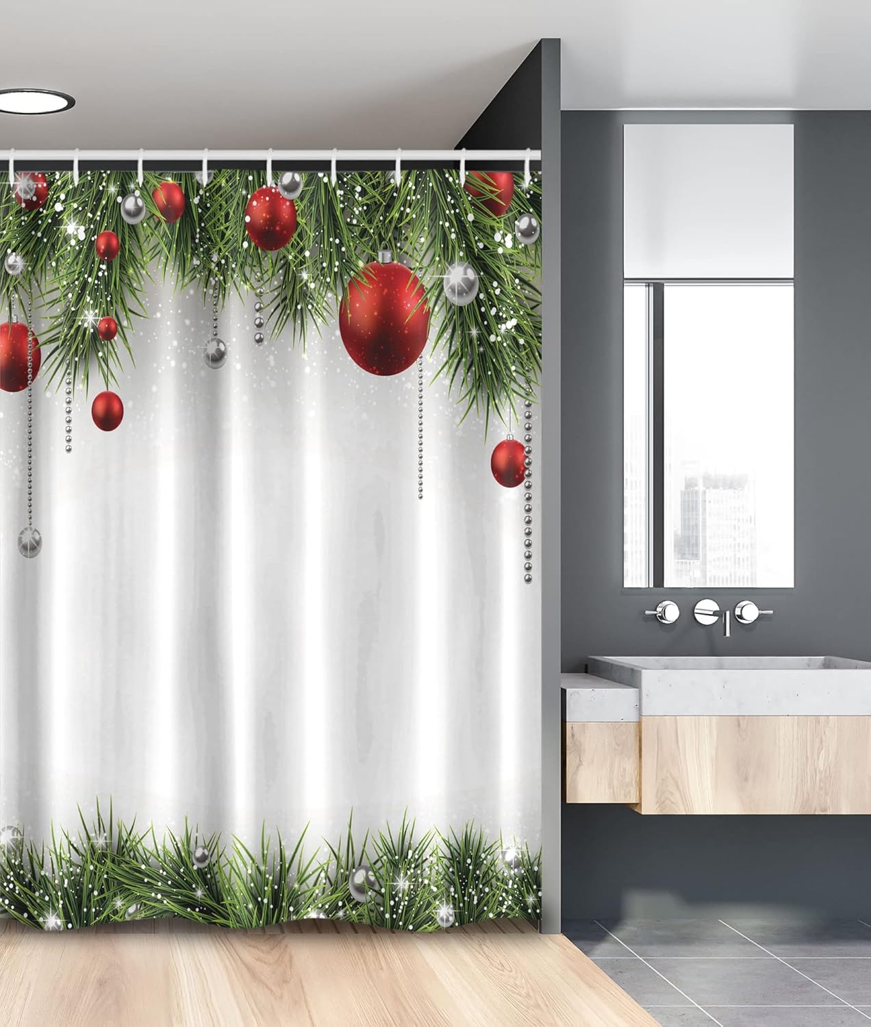 Ambesonne Christmas Stall Shower Curtain, Classical Christmas Ornaments and Baubles Coniferous Pine Tree Twig Tinsel Print, Fabric Bathroom Decor Set with Hooks, 54" W x 78" L, Green Red