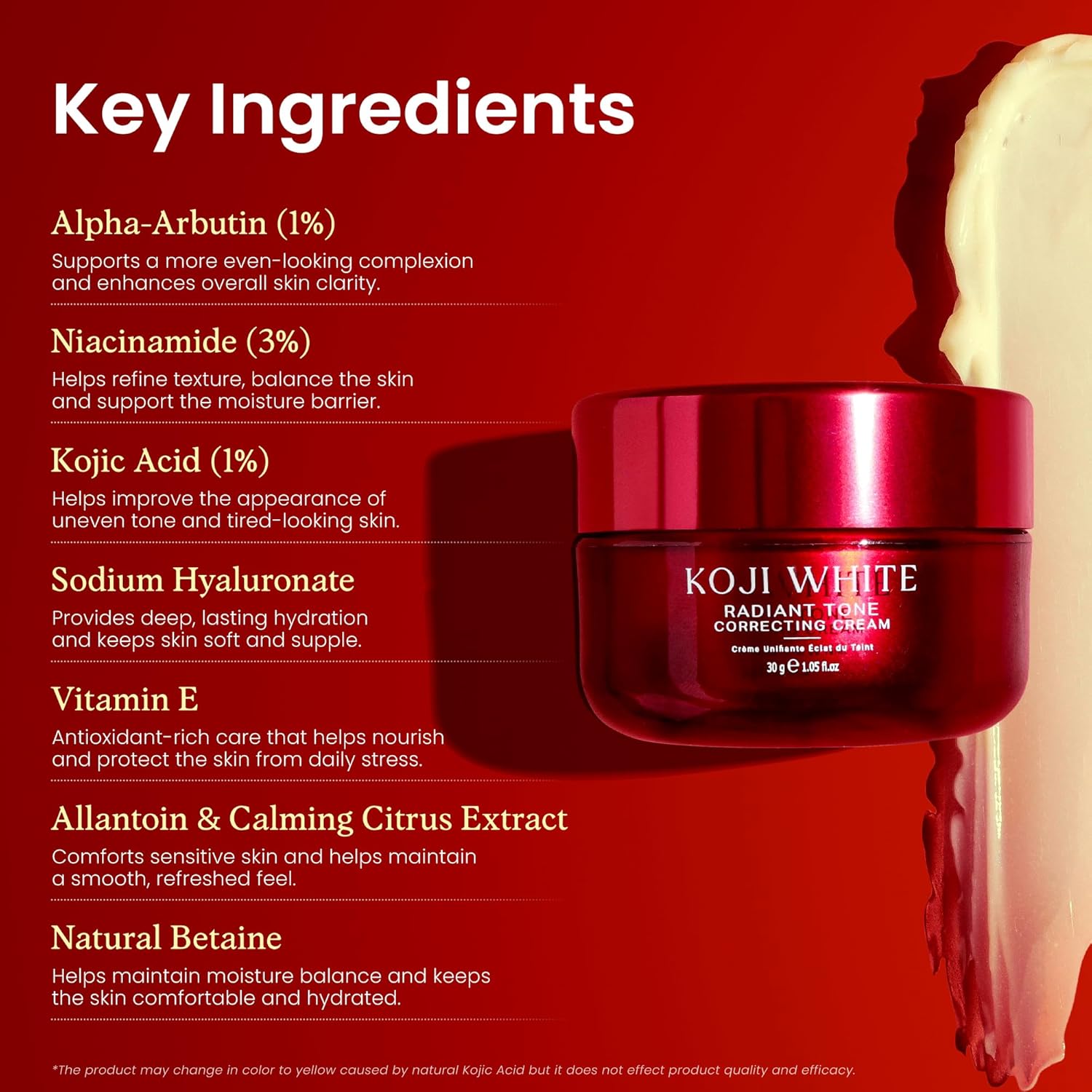 Koji White 1% Kojic Acid Cream | Face Moisturizer Radiant Tone Correcting Cream with 1% Alpha-Arbutin, 3% Niacinamide & Hyaluronic Acid for All Skin Types, Unscented, Vegan Skincare, 1.05 FL Oz - Image 4