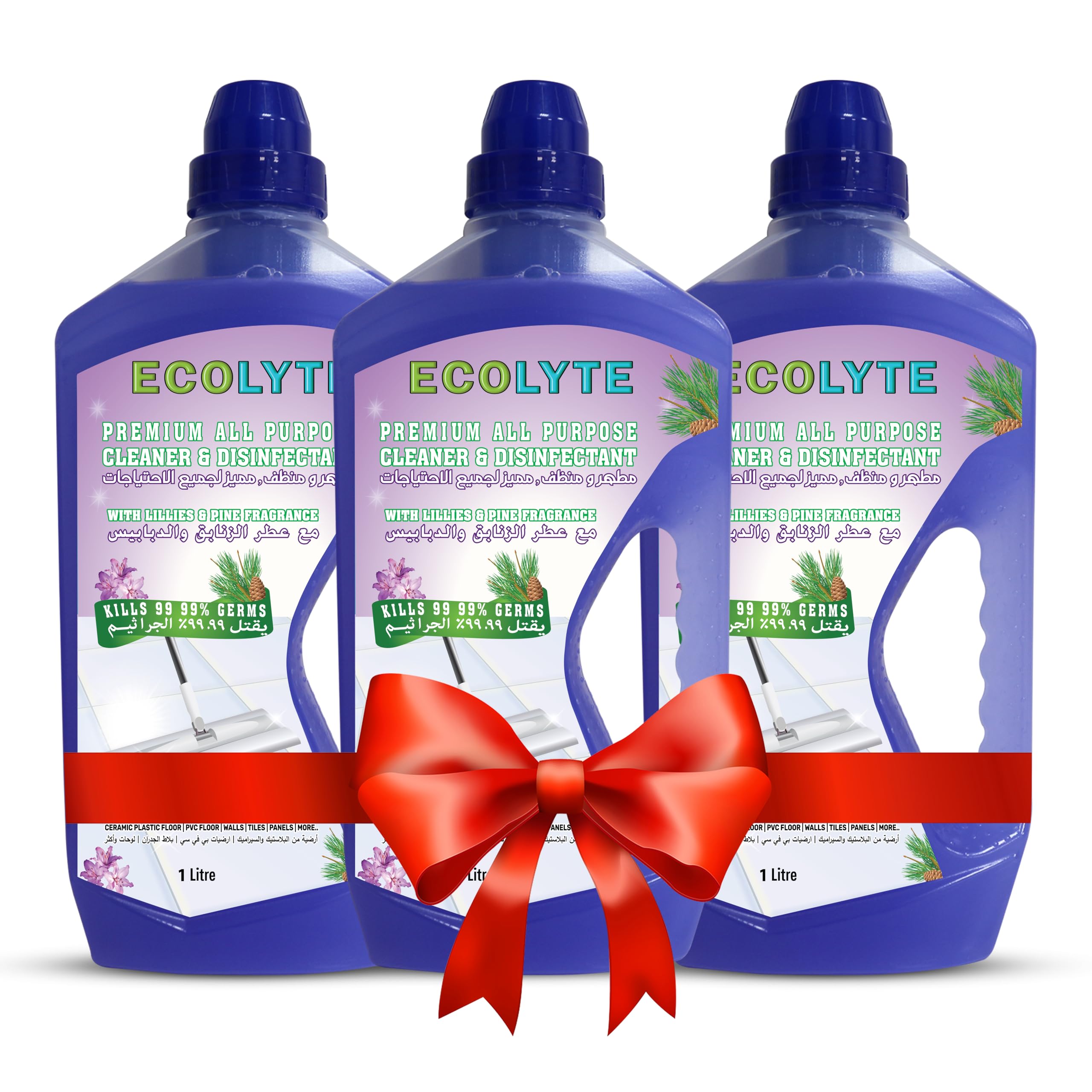 Ecolyte Premium Floor Cleaner All Purpose Cleaner Plus Disinfectant, for Hospital, Home, Office & Commercial Use for Dirt, Stains & Germs, Floor Cleaning, Pack of 3 (Lillies & Pine, 1 Liter)