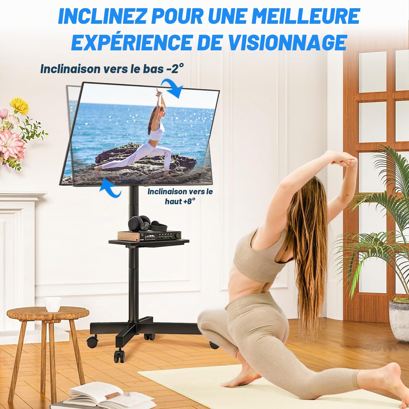 RFIVER Support TV sur Pied Chariot TV Meuble Télé Support avec Roulette Pied de 27 à 60 Pouces, Mobile TV Pivotant et Réglable en Hauteur, jusqu'à 40 kg, Max VESA 400x400 mm