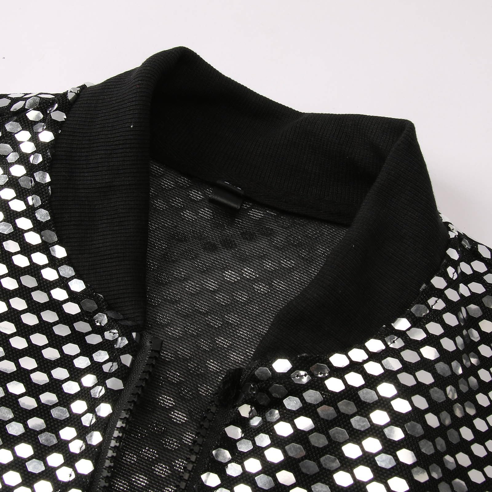 Generisch Giubbotto bomber da uomo con paillette, giacca da aviatore 70s, abbigliamento da discoteca, colletto alto, con chiusura lampo, per le mezze stagioni, per clubwear
