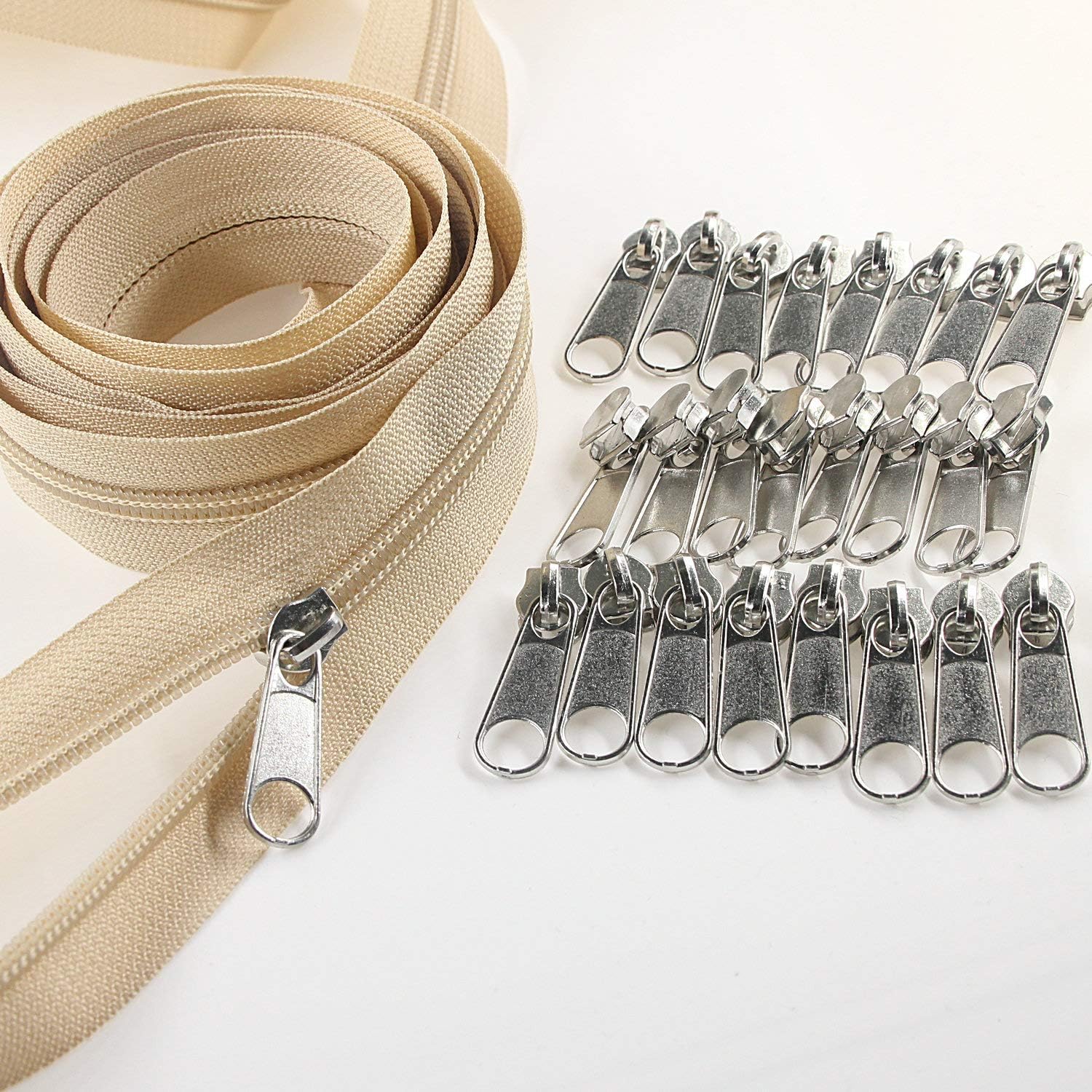 #5 Beige Nylon Coil Zippers by The Yard Bulk 10 Yards with 25pcs Silver Sliders for DIY Sewing Tailor Craft Bag Leekayer(Beige)