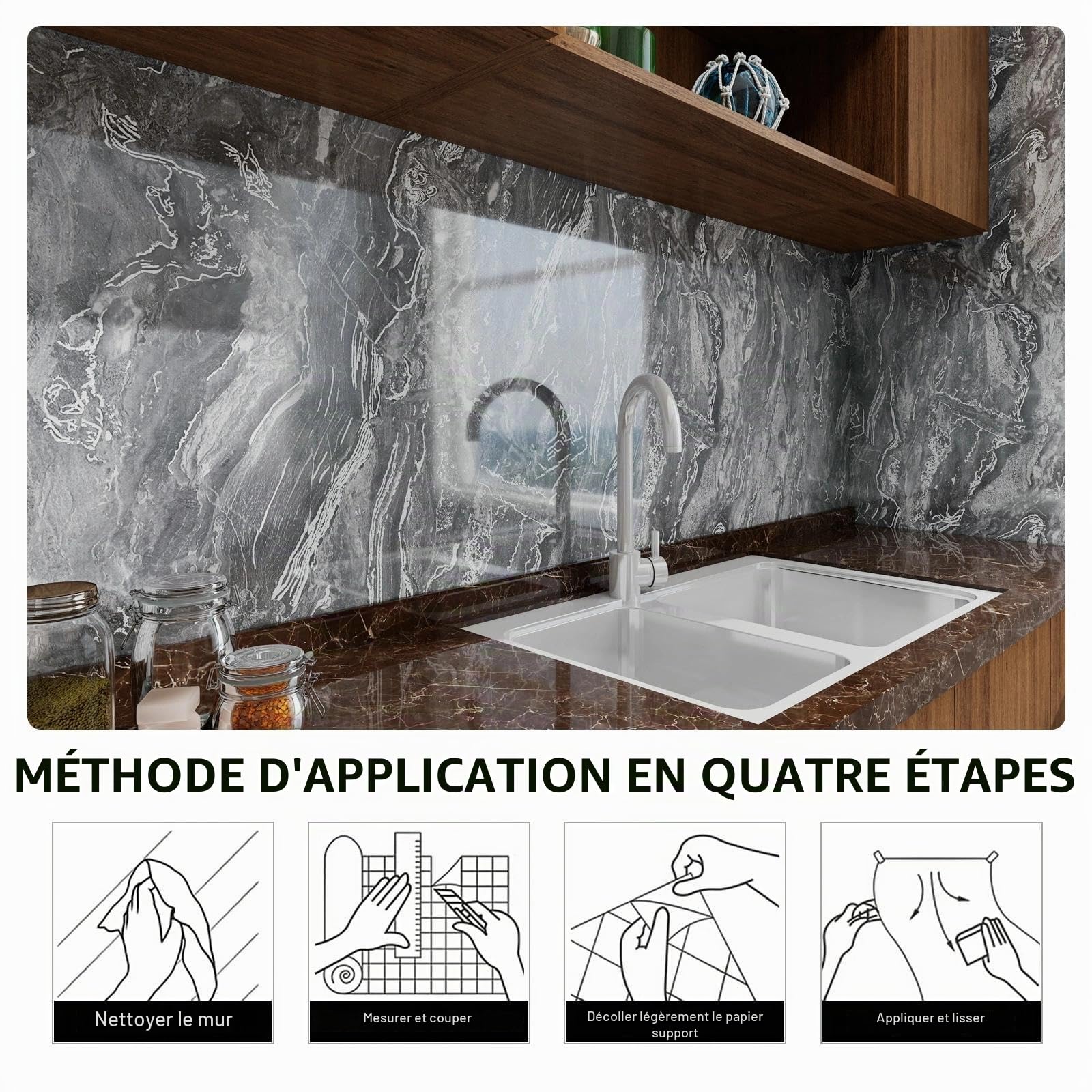 wishFIRE Papier Peint Adhesif Mural Marbre Gris Argent (40x500cm) – Aspect Marbre Épais Autocollant & Imperméable, Feuille Vinyle Brillant Haute Pour Cuisine & Meubles