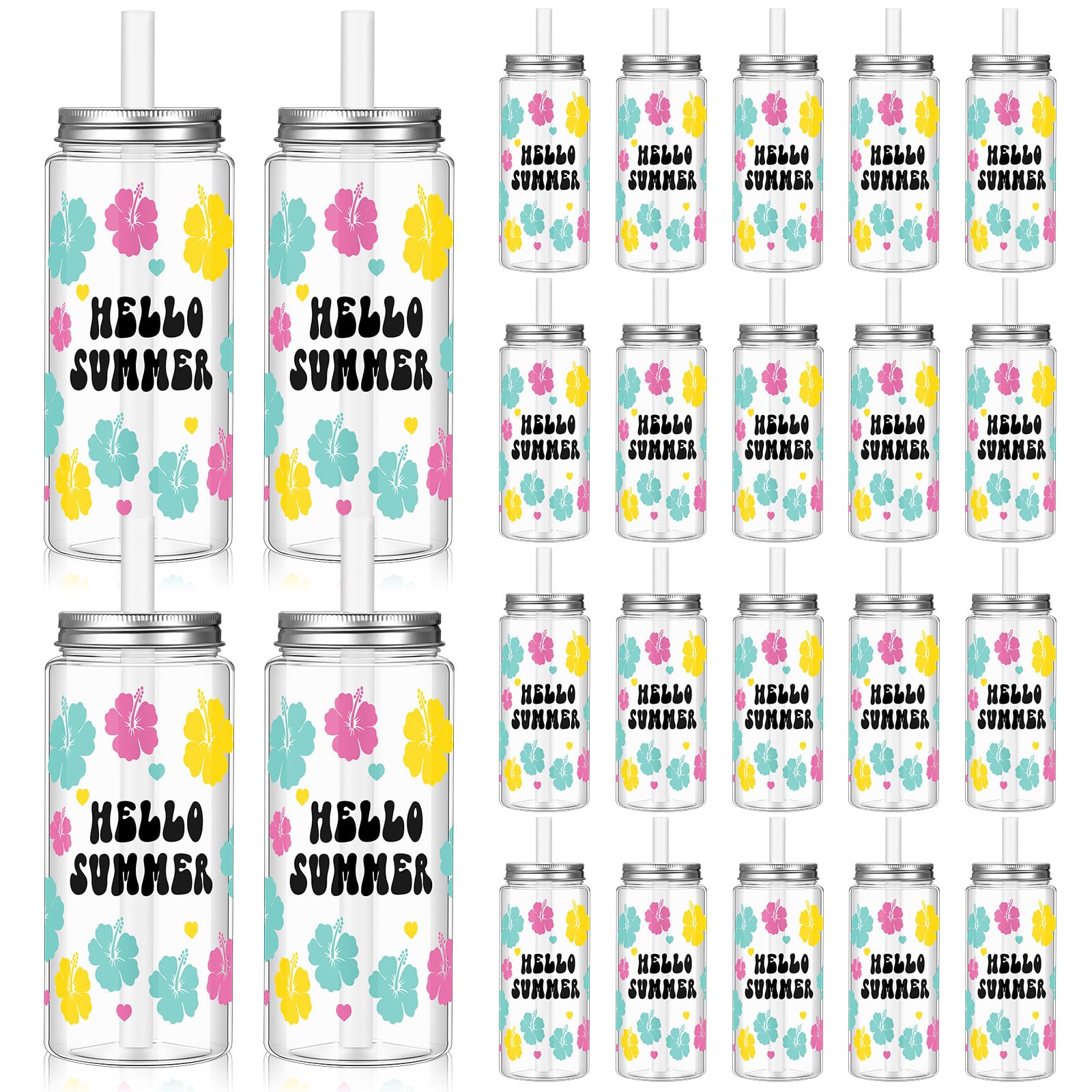 Baderke 24 Pcs Hawaiian Plastic Cups with Lids and Straws 13.5 oz Tropical Luau Clear Drinking Cup for Whiskey Soda Tea Juice Smoothies Coffee Milk