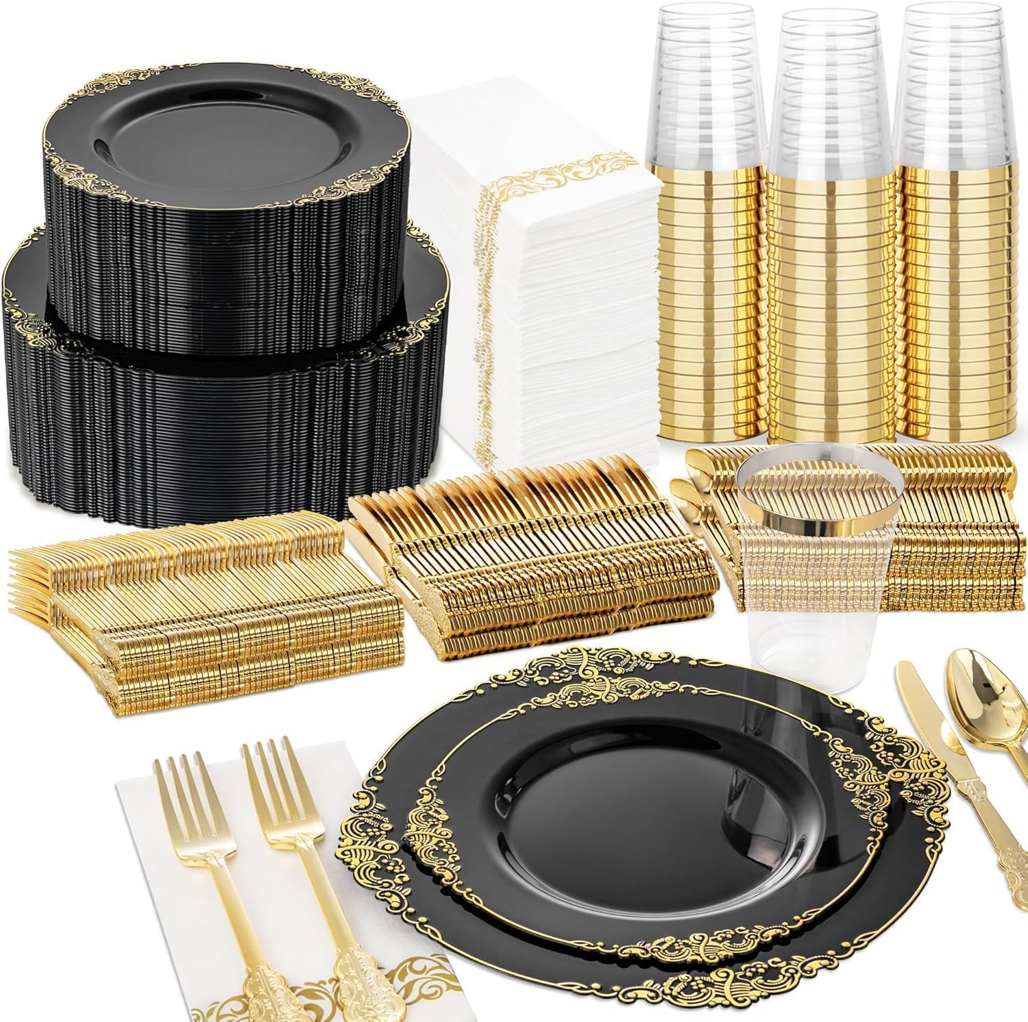 Gold Disposable Plates - 50 Guest Dinnerware Set -18 Gold Disposable Plates - 50 Guest Dinnerware Set -18