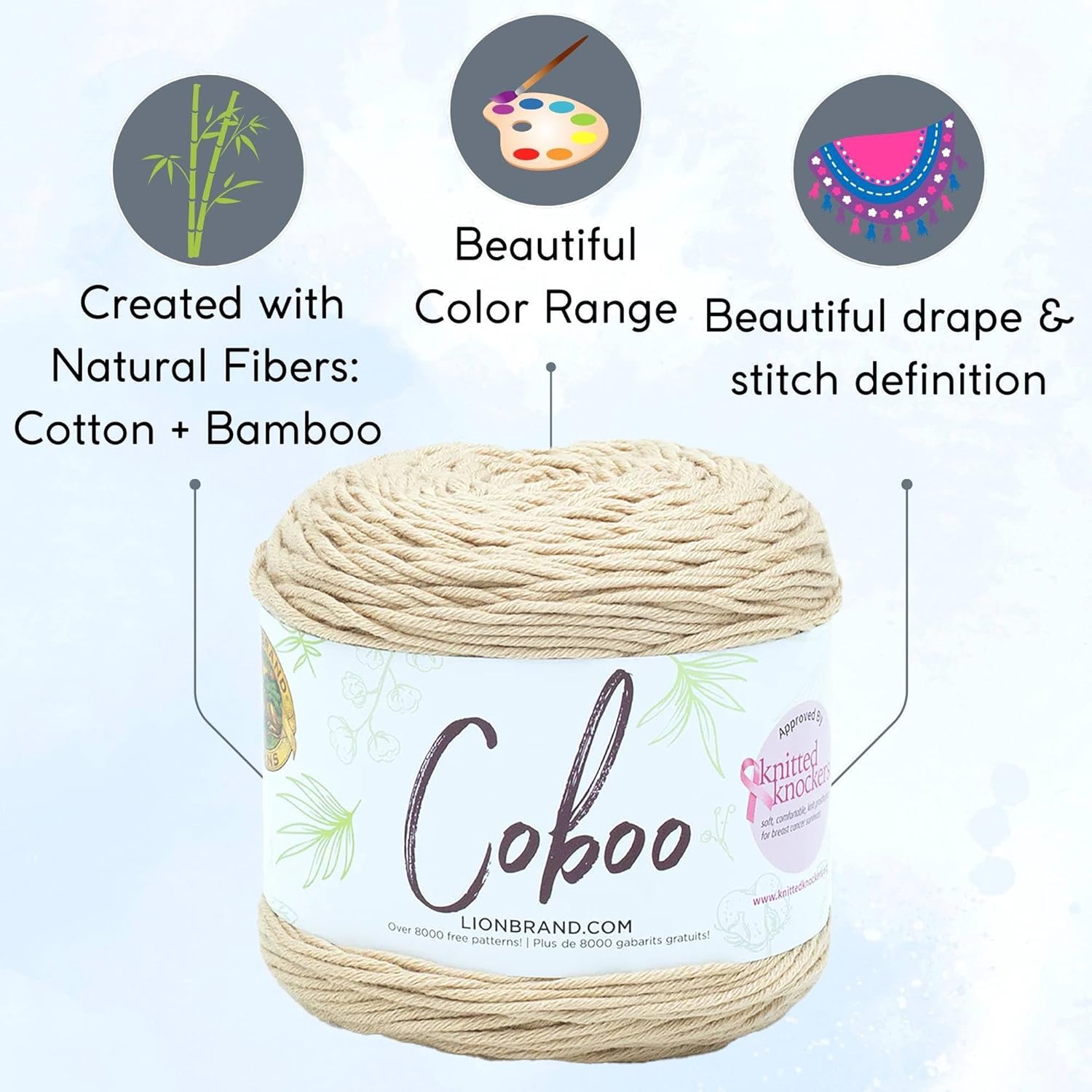 Lion Brand Coboo Beige 835-122 (6-Skeins - Same Dye Lot) DK Light Worsted #3 Cotton, Bamboo Yarn for Crocheting and Knitting with Project Bag