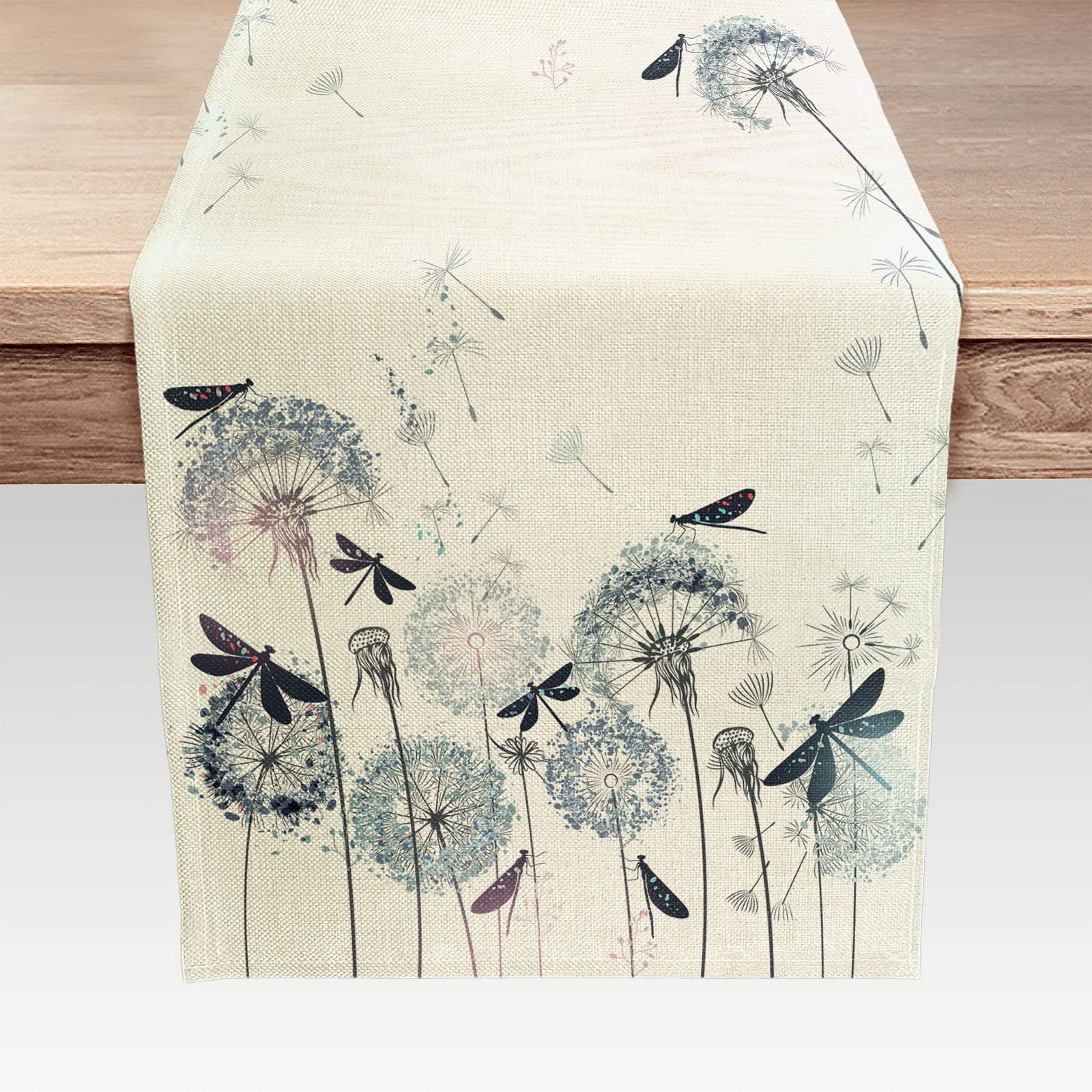 Camino de mesa rústico de diente de león y libélula, mantel de lino lavable para verano, otoño, cocina, comedor, decoración de mesa para vacaciones, fiestas, interiores y exteriores, 13 x 72 pulgadas