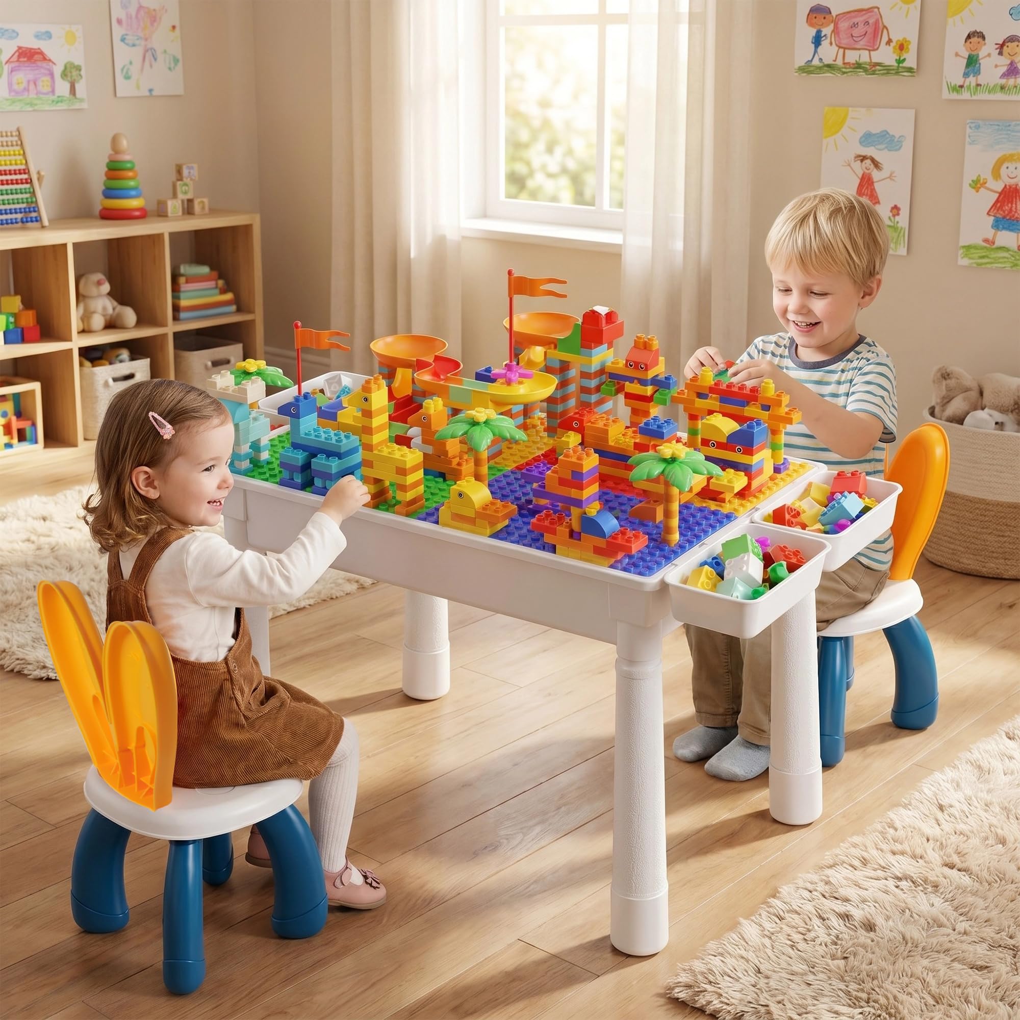 Table de Construction Multifonctionnel pour Enfant avec 2 Chaise pour Bébé