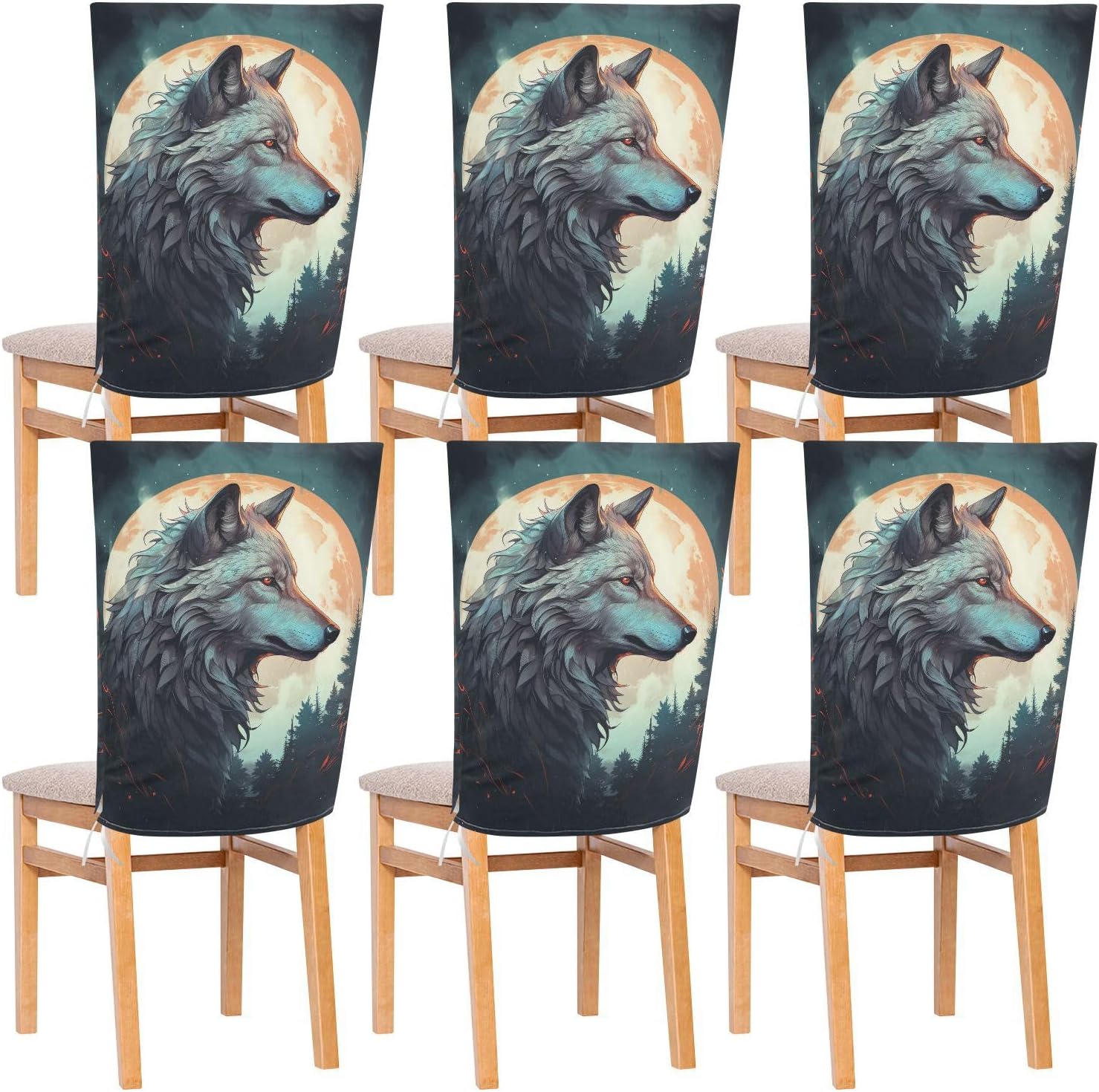ALAZA Wolf and Moon Chair Back Cover Set of 6, Washable Reusable Removable Chair Slipcovers Decorative Chair Cover for Home Kitchen Wedding Party