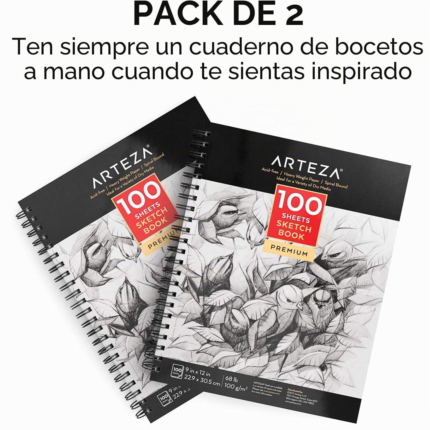 Arteza Cuadernos de dibujo | Pack de 2 blocs en espiral de doble anilla | 100 hojas cada uno | Papel grueso para bocetos | Tamaño 22,9 x 30,5 cm | Grosor 100 gsm | Sin ácidos | Blanco brillante