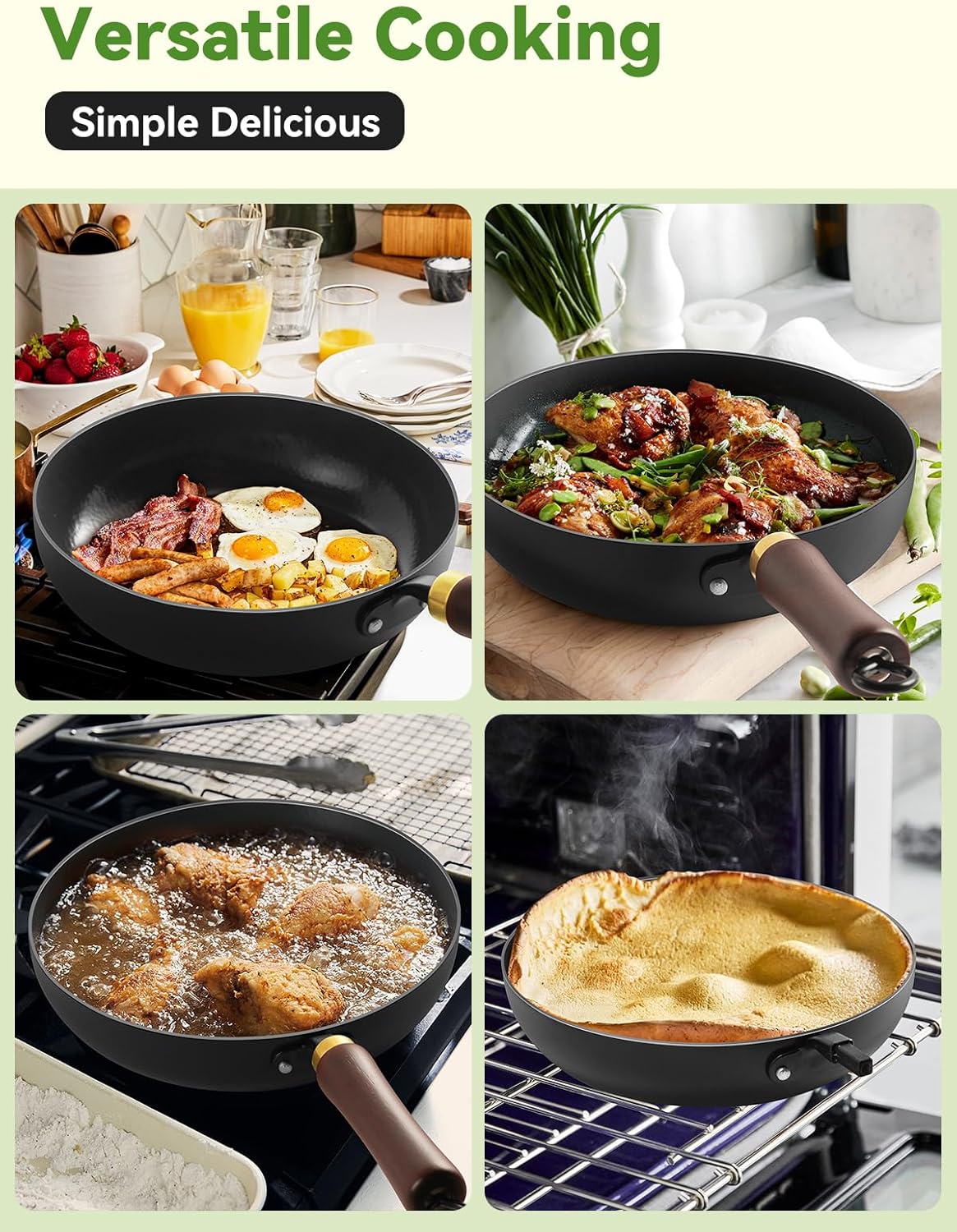 Carbon Steel Skillet, 11-Inch Nonstick Frying Pan, Stay-Cool Wooden Handle, Non Toxic, PTFE & PFOA Free Oven-Safe, Season-Free Enameled Carbon Steel Pan - Image 6