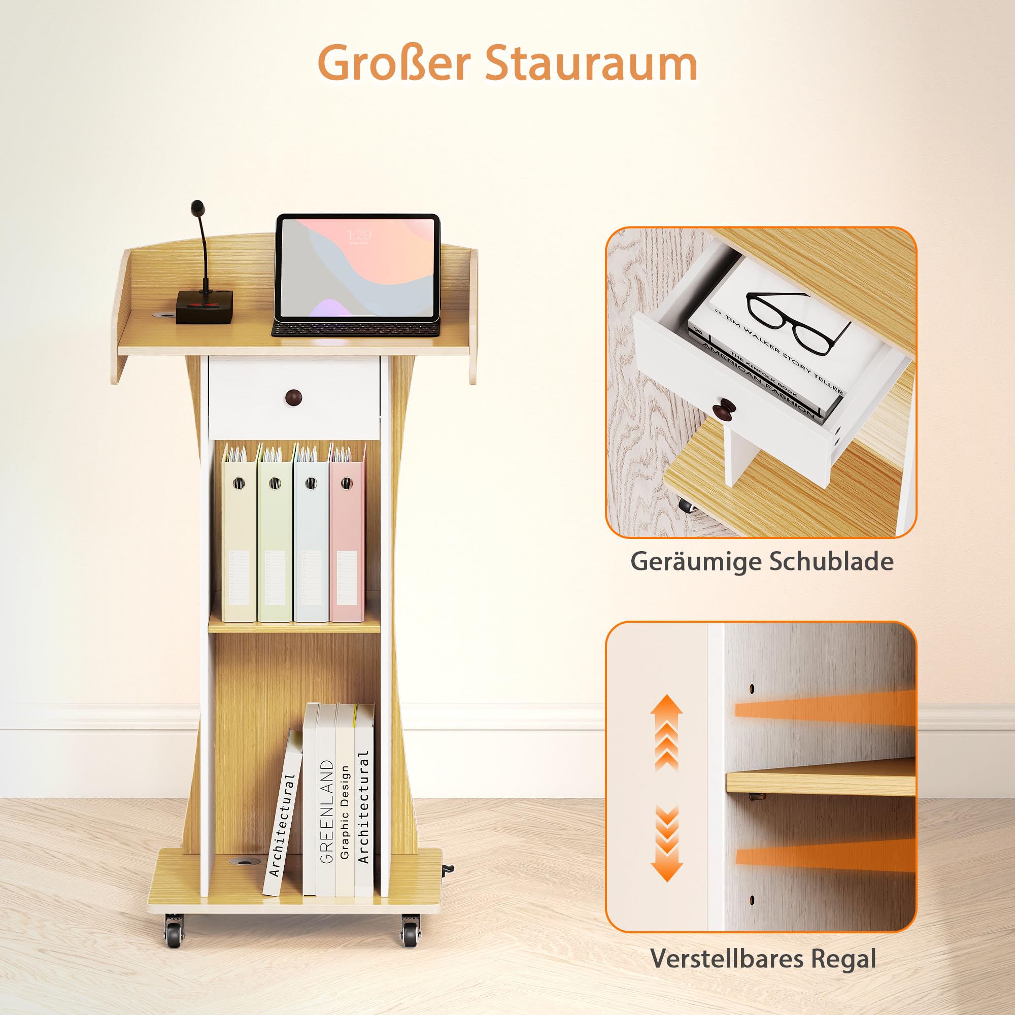 Quikraen Stehpult mit Rollen, Holz + Weiß