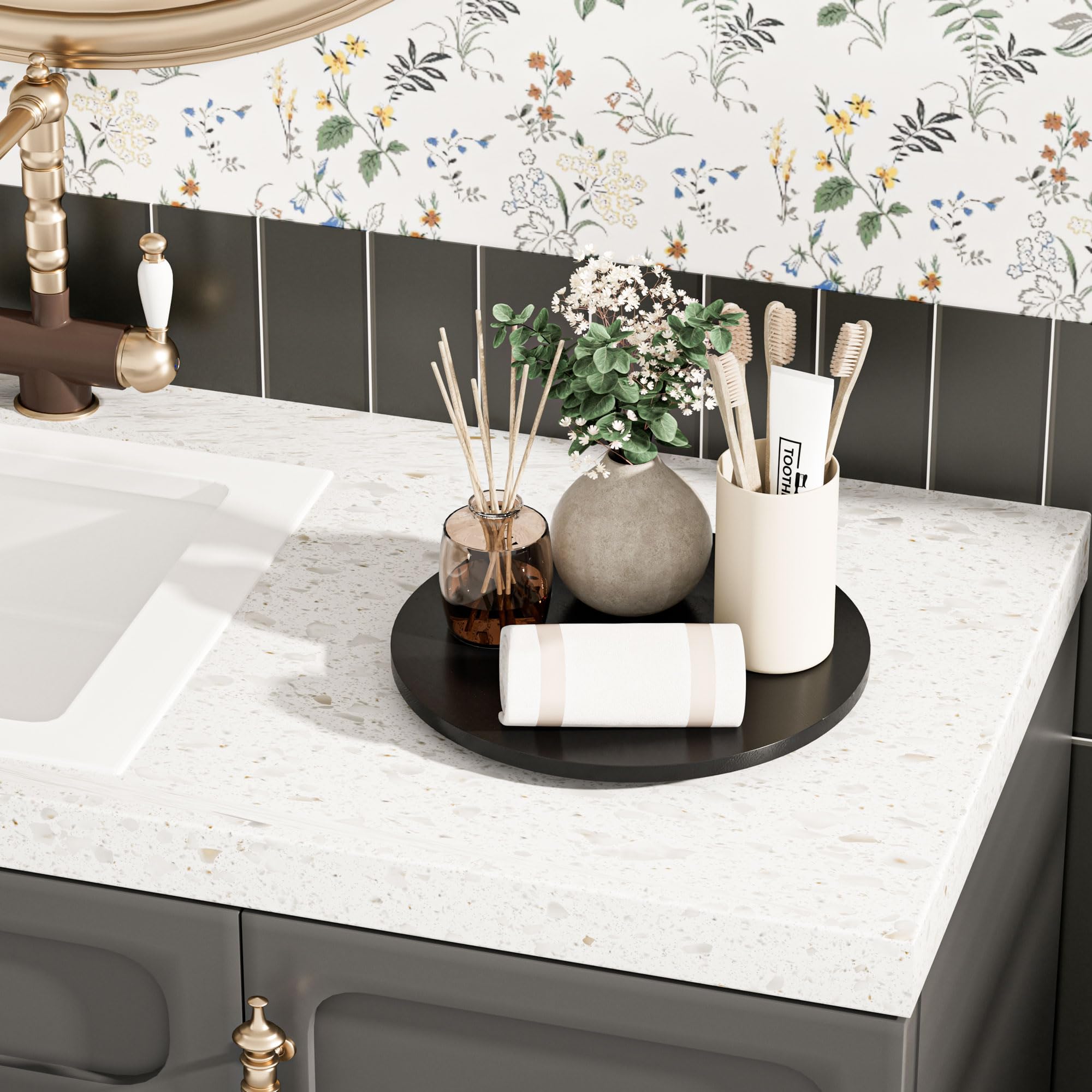 Lazy Susan for Table Top Bamboo Lazy Susan Organizer Turntable for Cabinet Kitchen Countertop for Condiment Bathroom Counter Organizer Decor Sink Tray Black 10 Inch