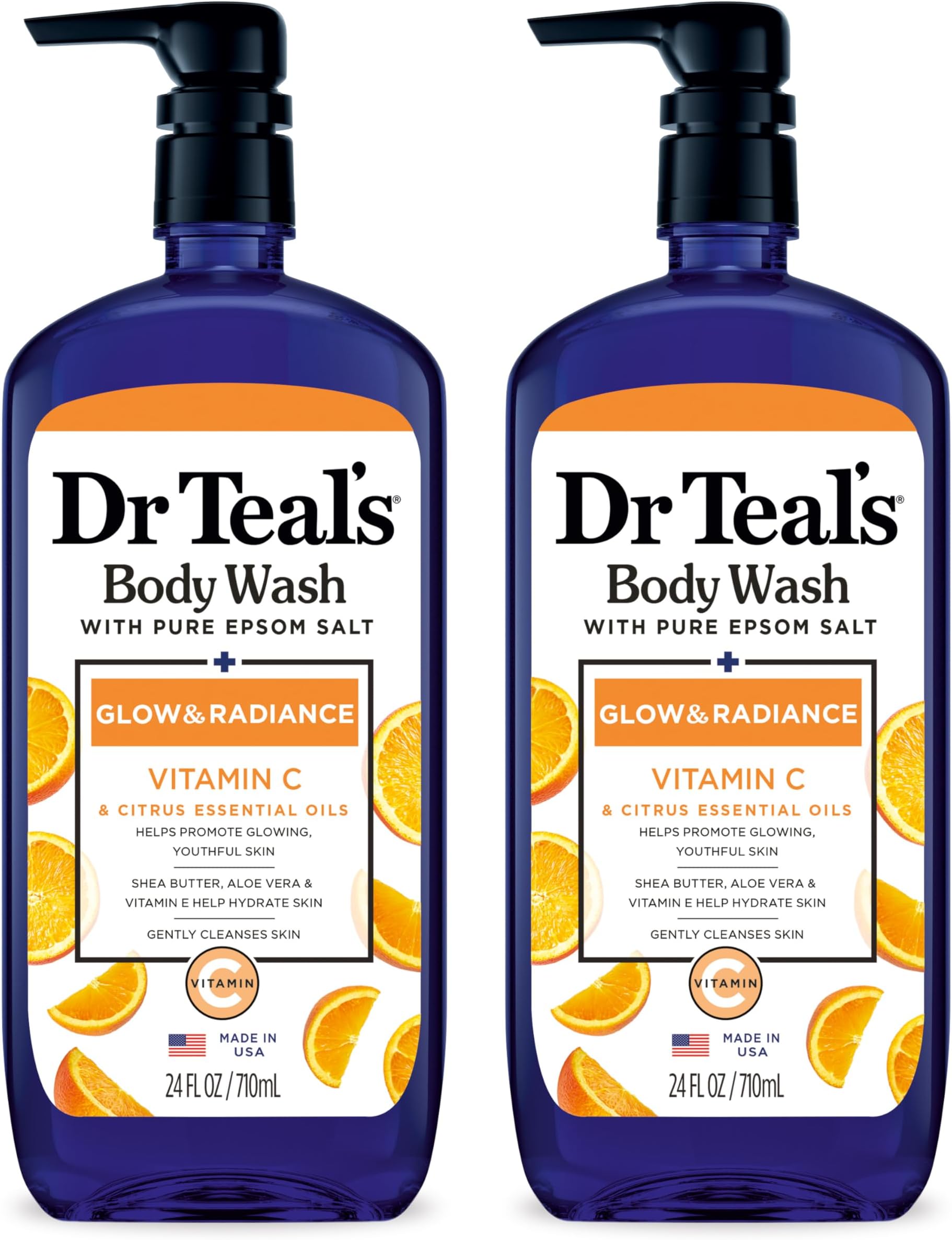 Dr Teal's Body Wash with Pure Epsom Salt, Glow & Radiance with Vitamin C & Citrus Essential Oils, 24oz (Pack of 2) (Packaging May Vary)