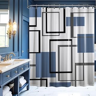 Dusty Blue Geometric Shower Curtain, 72x72 in, Blue and White