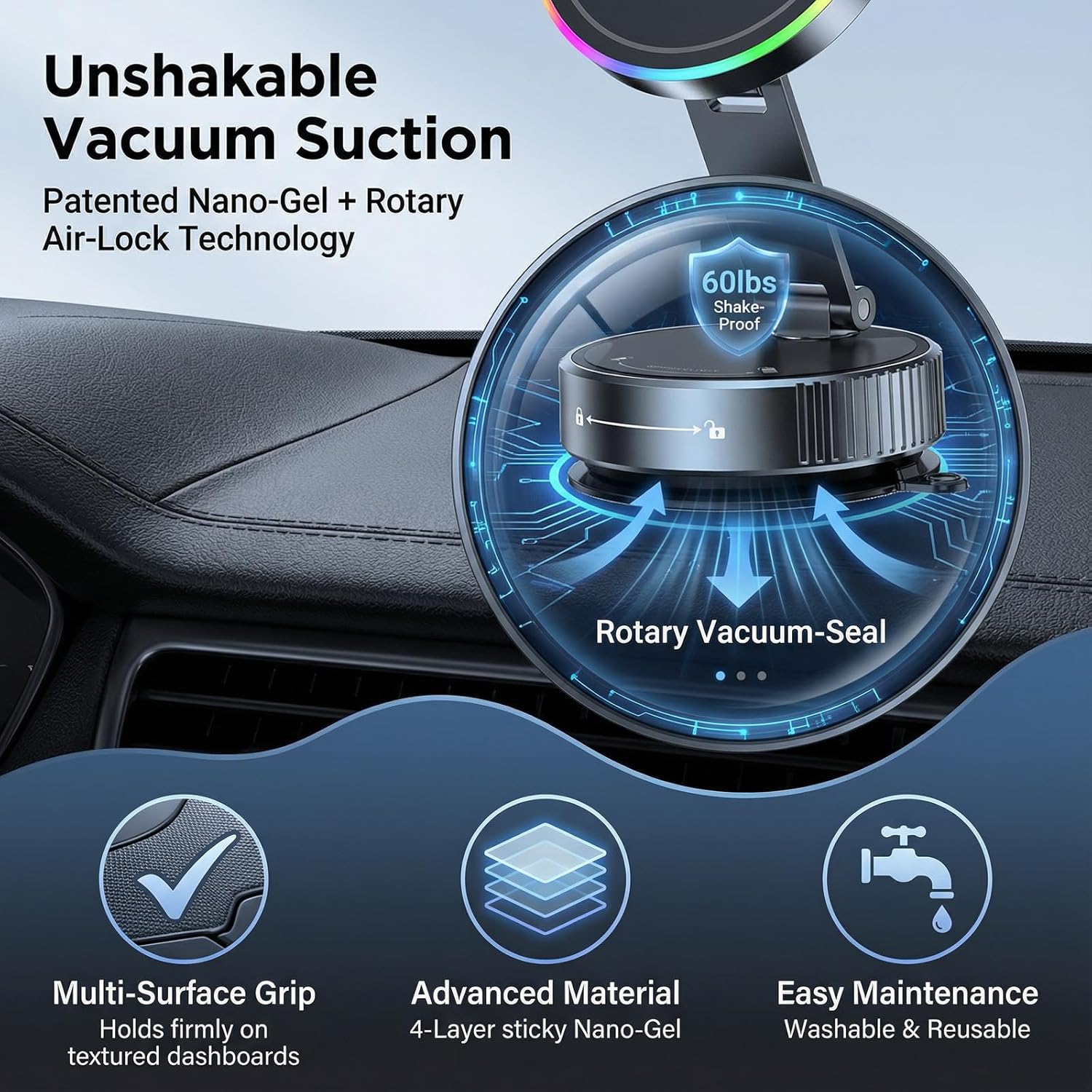 Vacuum Magnetic Phone Charging Holder Mount 15W Fast Wireless Charger for Car Magsafe 360° Adjustable Phone Holder with Nano Gel Suction Cup for iPhone 12-17 Pro Max (K3)
