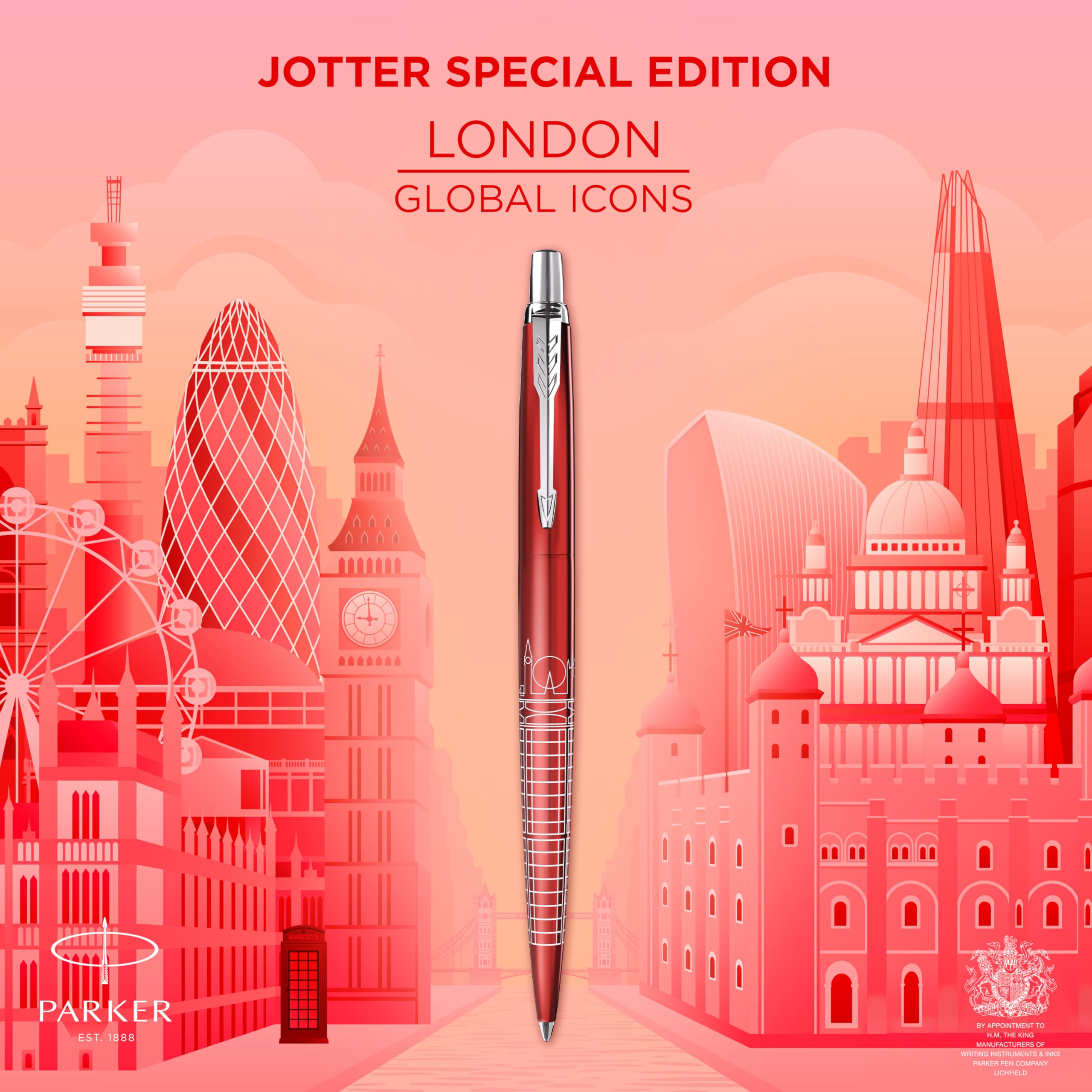 Penna a sfera Parker Jotter | Edizione speciale | London Red con puntale cromato | Punta media | Inchiostro blu | Confezione regalo