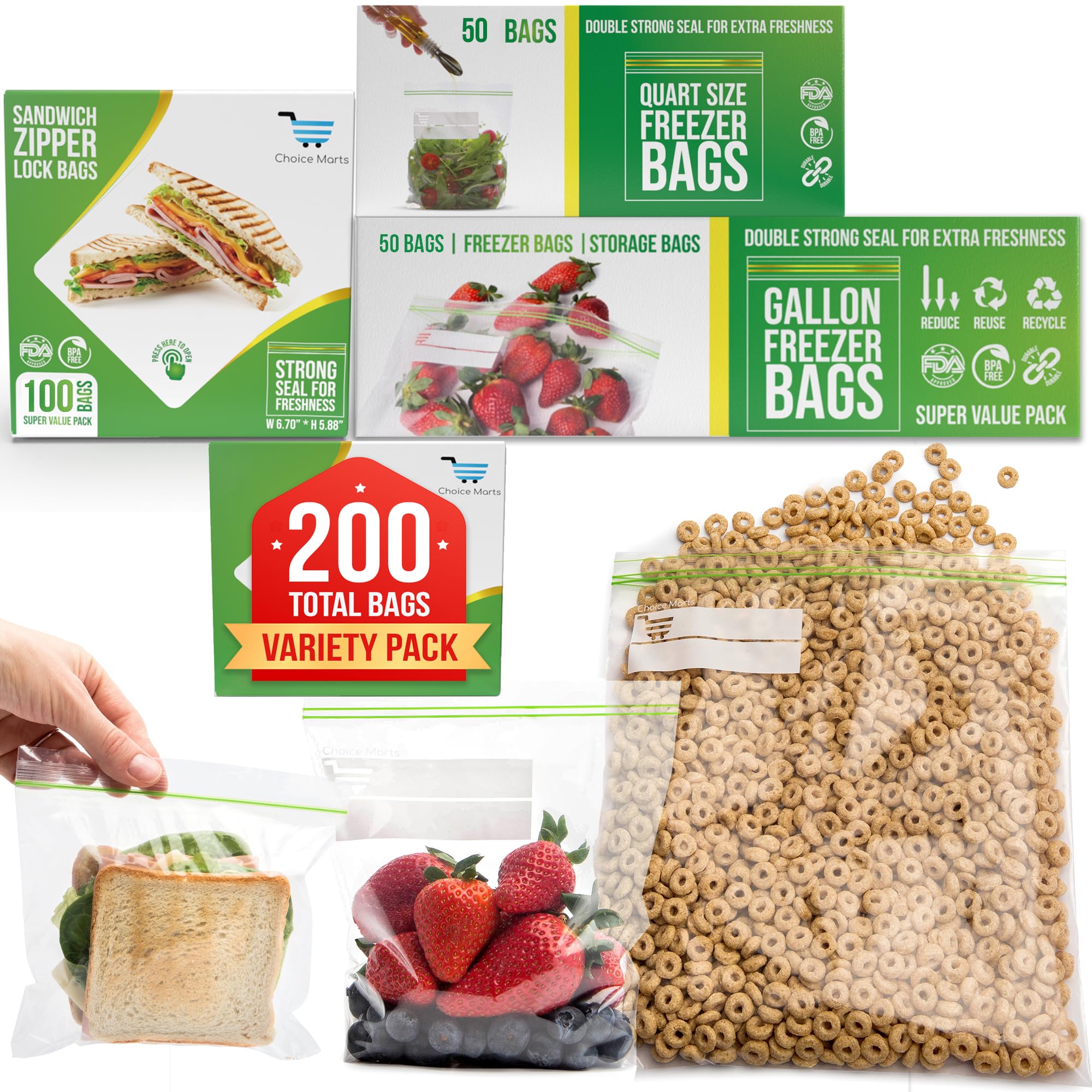 Baggies - Paquete variado de 200 unidades con 50 galones, 50 cuartos de galón, 100 sándwiches, bolsas de congelador resistentes