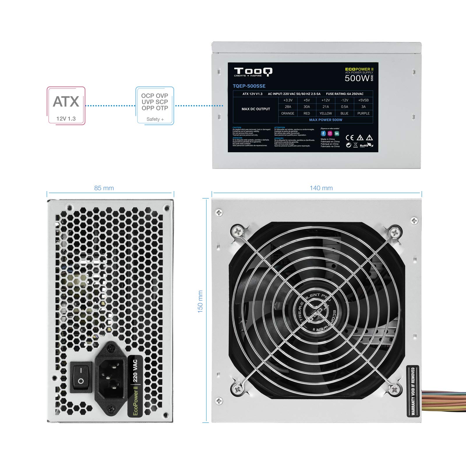 Tooq TQEP-500SSE - Fuente de Alimentacion Ecopower II de 500W con PFC Activo, Ventilador silencioso de 120mm con Control automatico de Velocidad, (ATX 12V V1.3, CE/RoHS, Color Plata) (Paquete de 2)