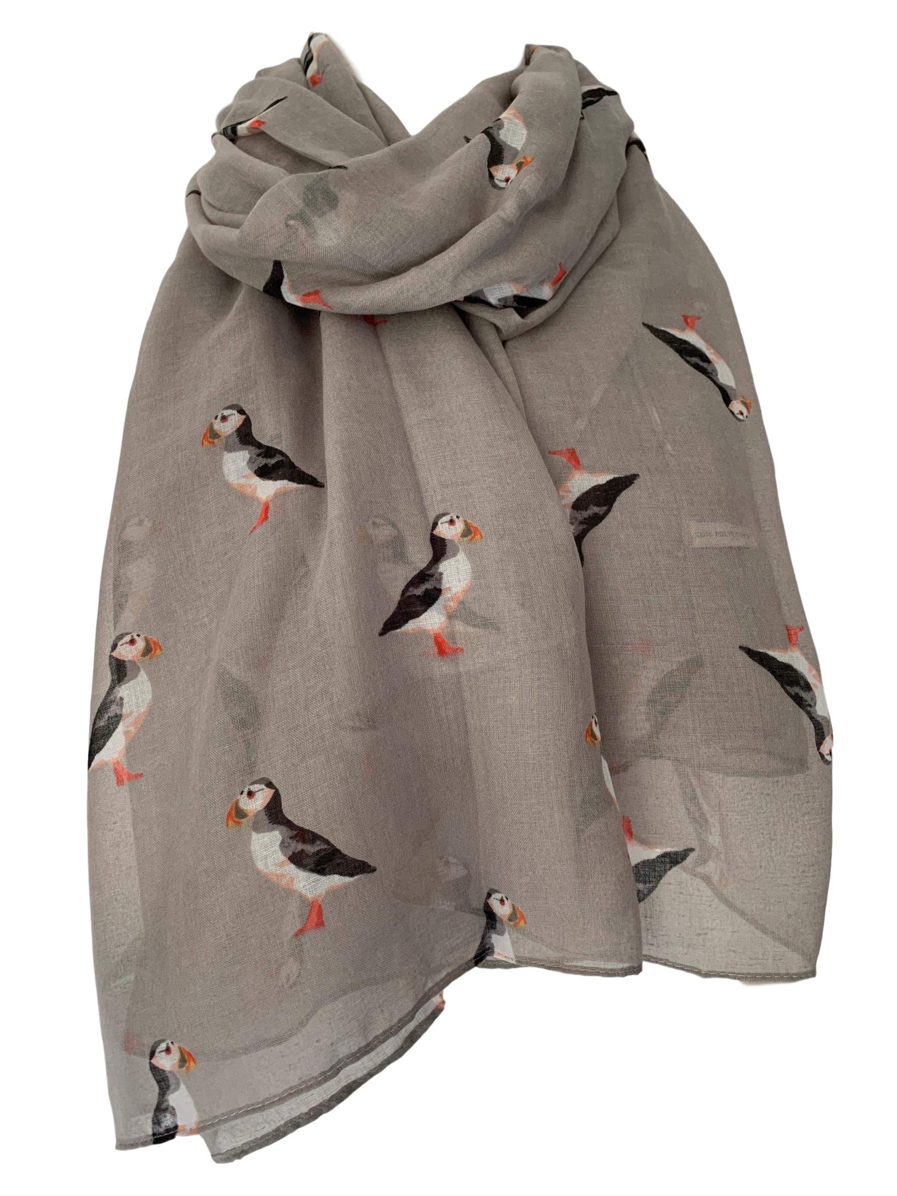 Purple Possum Women's Grey Purple Possum® Puffin Scarf Puffins Shawl Cute Large Bird Print Wrap Birds (Grey)