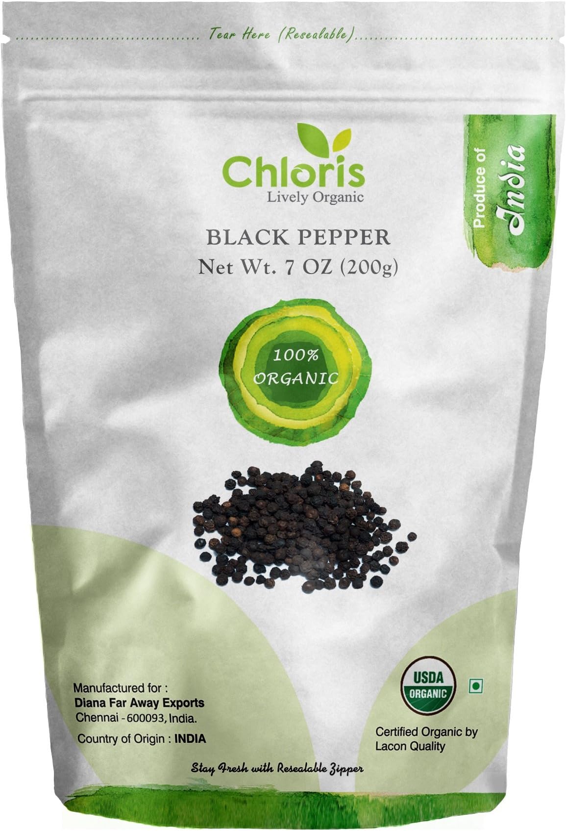 Chloris-Organic Black Pepper Whole, 7 oz