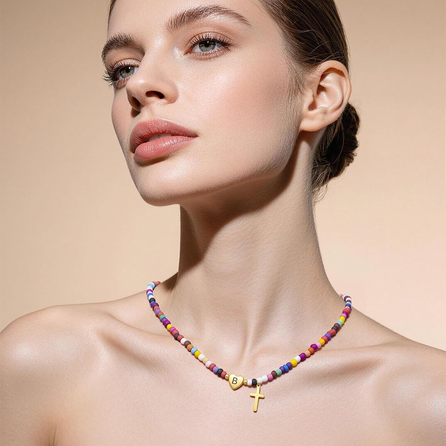 Colorful Initial Necklaces for Women Beaded Choker Necklace for Girl Cross Pendant Necklace Gold Sliver Letter A-Z Fashion Jewelry Accessories Gifts for Teenage Girls