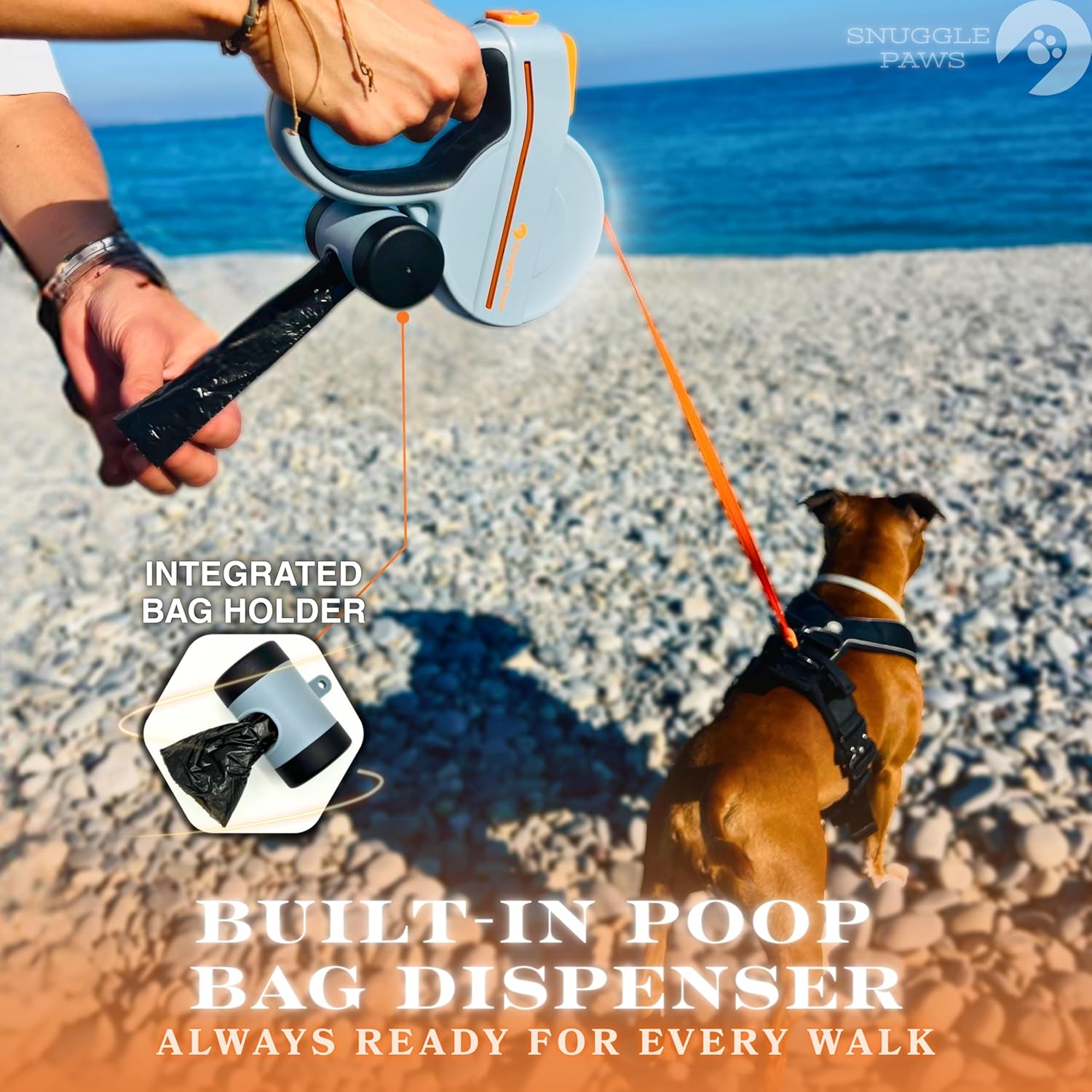 Snuggle Paws 格納式犬用リード 16フィート 高耐久 &ndash; LED懐中電灯付きオールインワンリーシュ、うんちバッグホルダー