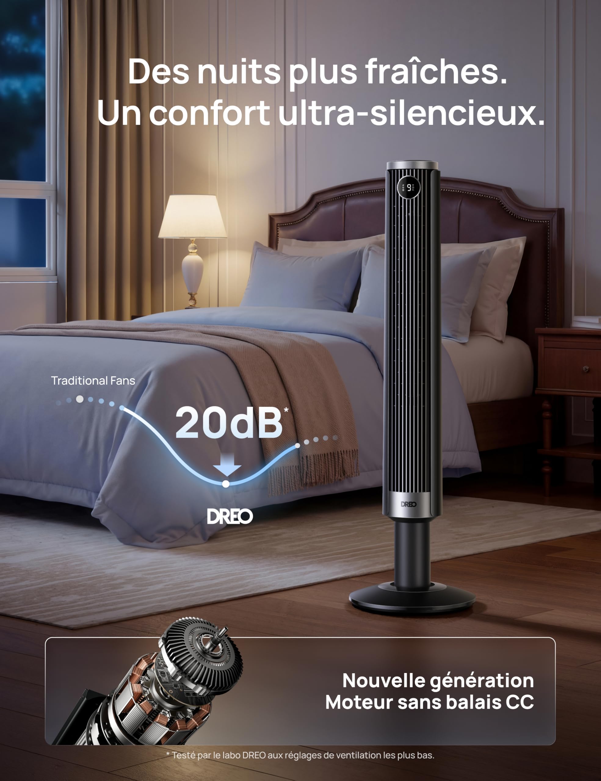 DREO Ventilateur colonne intelligent 554S, ventilateur sur pied réglable 102–114 cm, 8.4 m/s, oscillation 90°, silencieux 20 dB, 9 vitesses, 4 modes, minuterie 12 h, compatible Google et Alexa