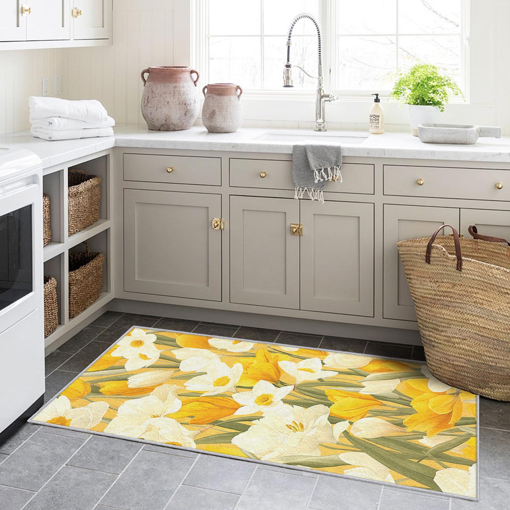 Generisch Läufer Flur Gelb Narzisse Floral, Waschbarer Teppich Läufer Frühling Blumen 65x180, Küchenteppich, Eingangsbereich, Bettvorleger, Schlafzimmer Deko, rutschfest, Kurzflor j3063