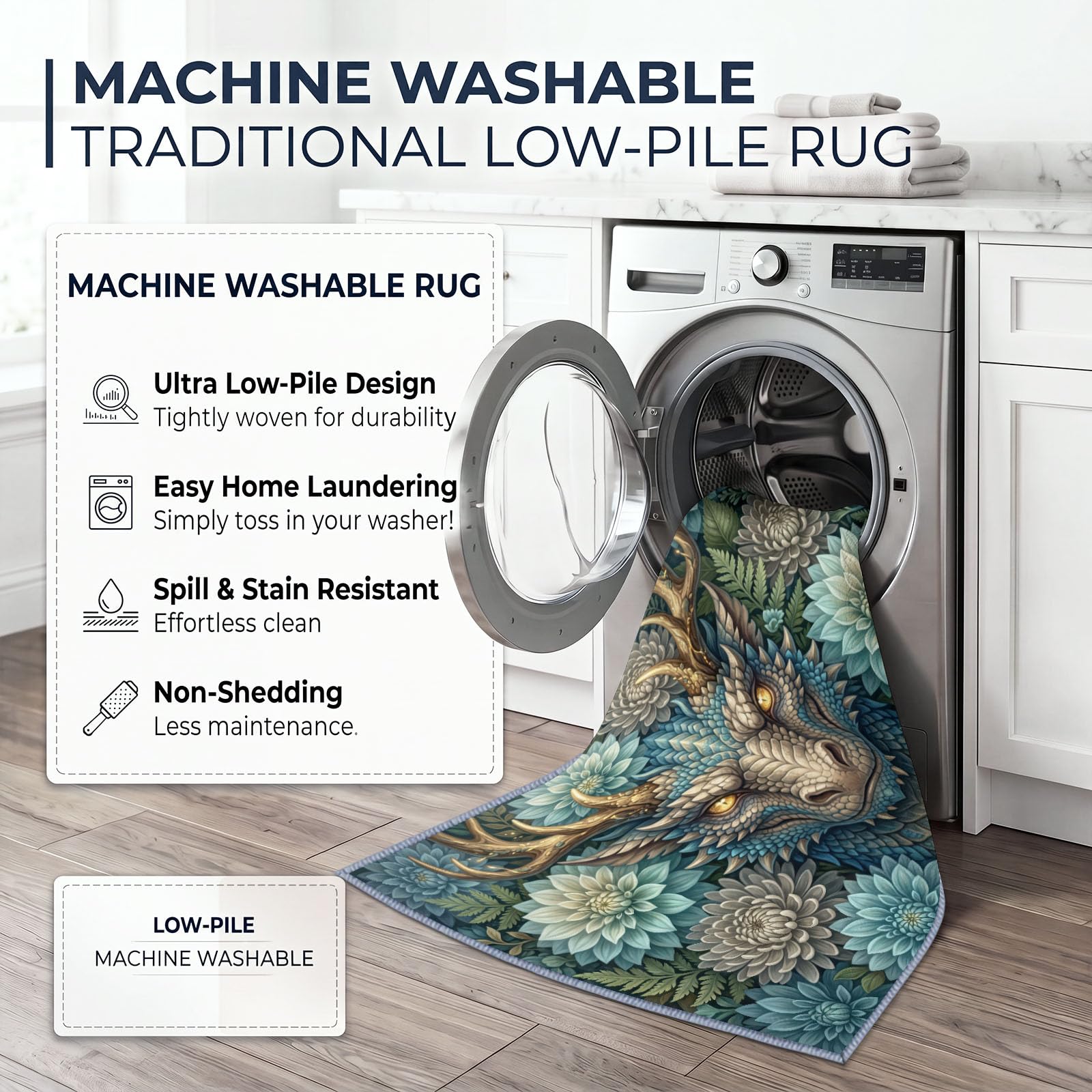 Générique Lavable en Machine Tapis Salon 140x200 cm, Dragon Floral Antidérapant à Poil Ras Tapis, Moderne Fantaisie Décoration Écologique pour Salle à Manger Couloir Chambre Bureau