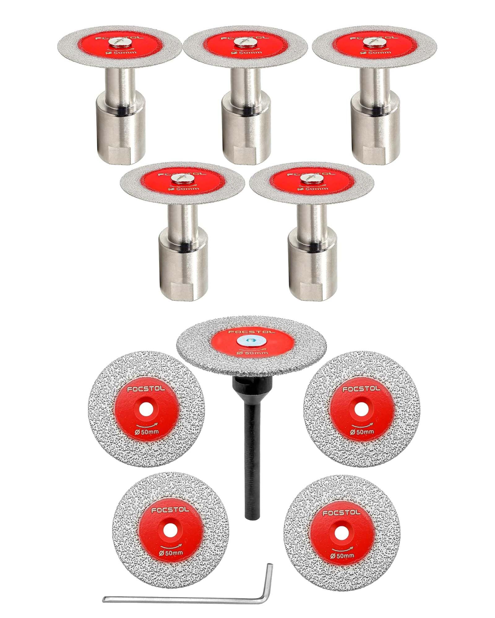 FOCSTOL Disco Diamante Corte 5 piezas 50mm Disco Cortar Azulejos y 1 pieza 6mm Mango Redondo y Disco Corte para Vidrio 5 piezas 50mm Disco Diamante Mini con Brida M14