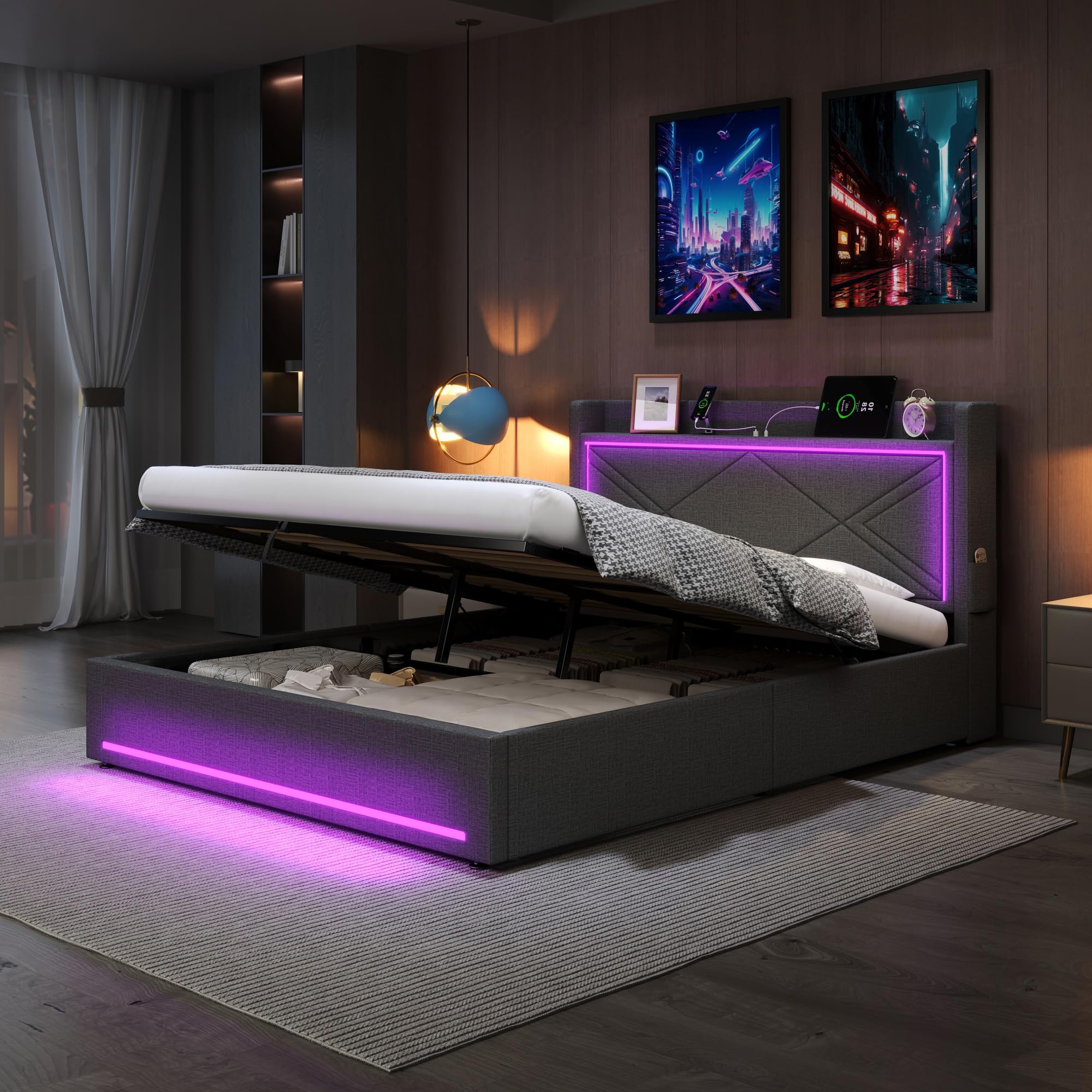 King Size Ottoman Bed Frame with LED Storage Headboard, 5ft Upholstered Platform Bed Frame with LED Lighting & Charging Station, Hydraulic Gas Lift Up Fabric Storage Bed with Slats, Grey, No Mattress