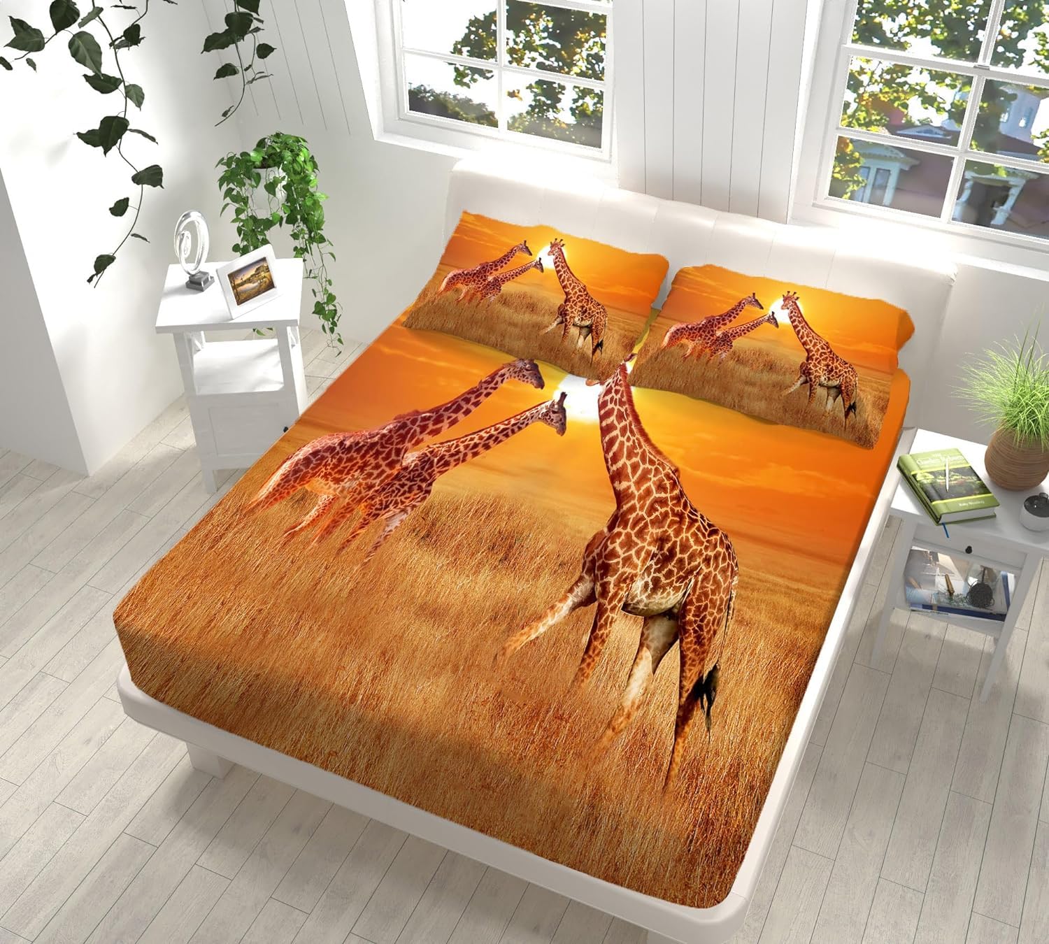 Drap Housse 90x190 Cm Motif Girafe - Microfibre Douce, Poche Profonde 30cm, Avec 2 Taies D'oreiller - 13