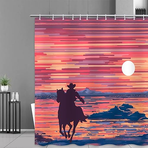 YZDF Cortina de ducha de vaquero occidental diseño abstracto atardecer estilo bohemio para baño montañas tela de granja impermeable estética