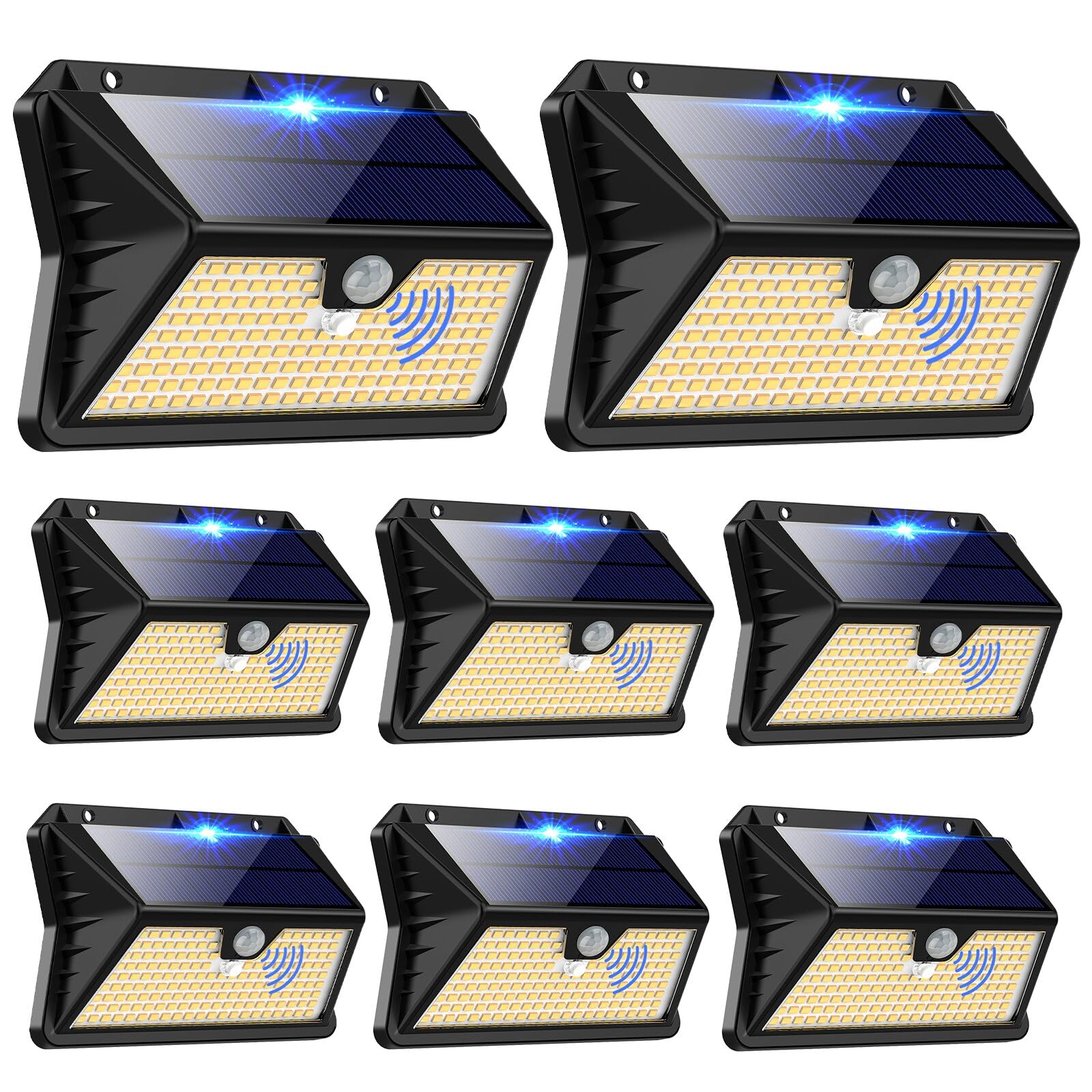 Faro LED Esterno con Pannello Solare, 【8 Pezzi】Luce Solare LED Esterno con Sensore di Movimento, 185 LED/3 Modos Lampada Solare da Esterno, IP65 Impermeabile LED Lampione per Giardino (Bianco caldo)