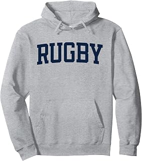 Diseño que dice Rugby On It Varsity Collegiate Block Letter buzo con capucha