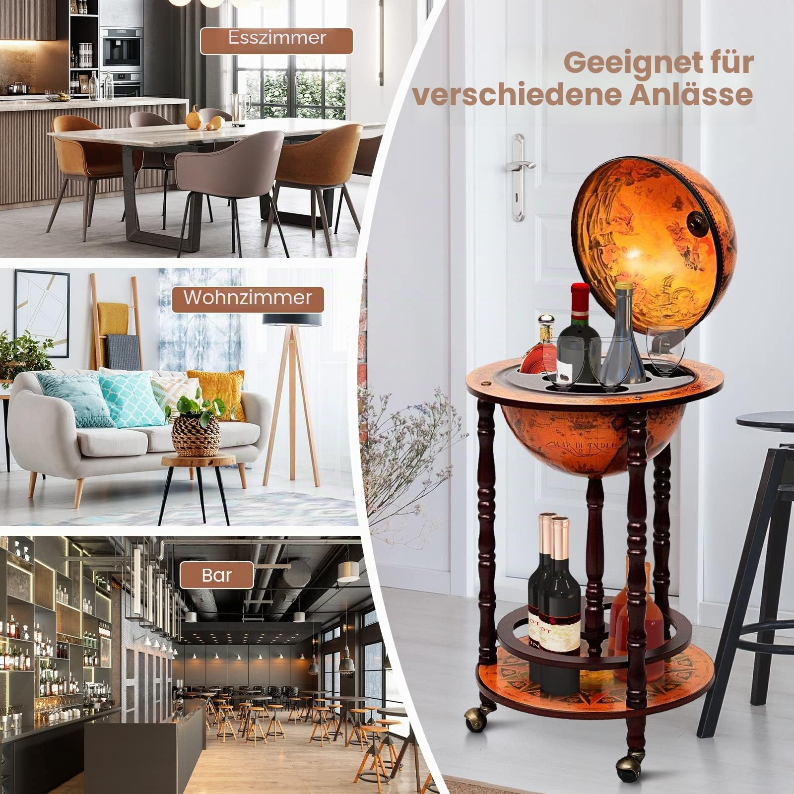 KOMFOTTEU Globus Bar Barwagen, Minibar mit Rollen, Weinregal mit Klassischem Design, Cocktailbar Barschrank für Wein, Getränke (Braun)