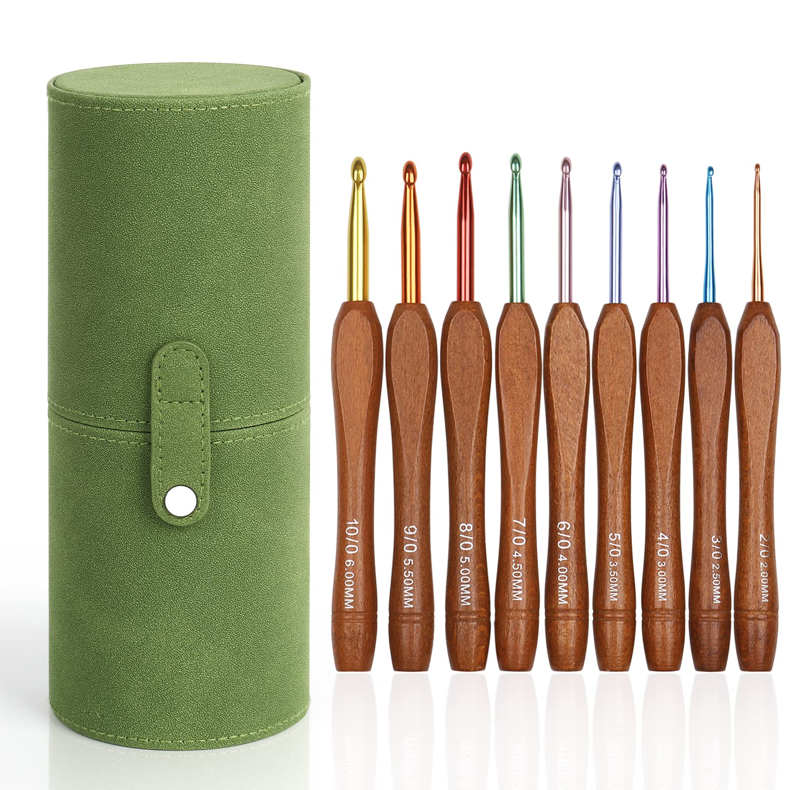 Aeelike Häkelnadel Set Holzgriff, 9 Stück Ergonomische Häkelnadeln mit Grüne Aufbewahrungsbox für Arthritische Hände, 2,0-6,0 mm Leichte Starter Häkelnadeln mit Bunte Aluminium-Hakenkopf für Anfänger