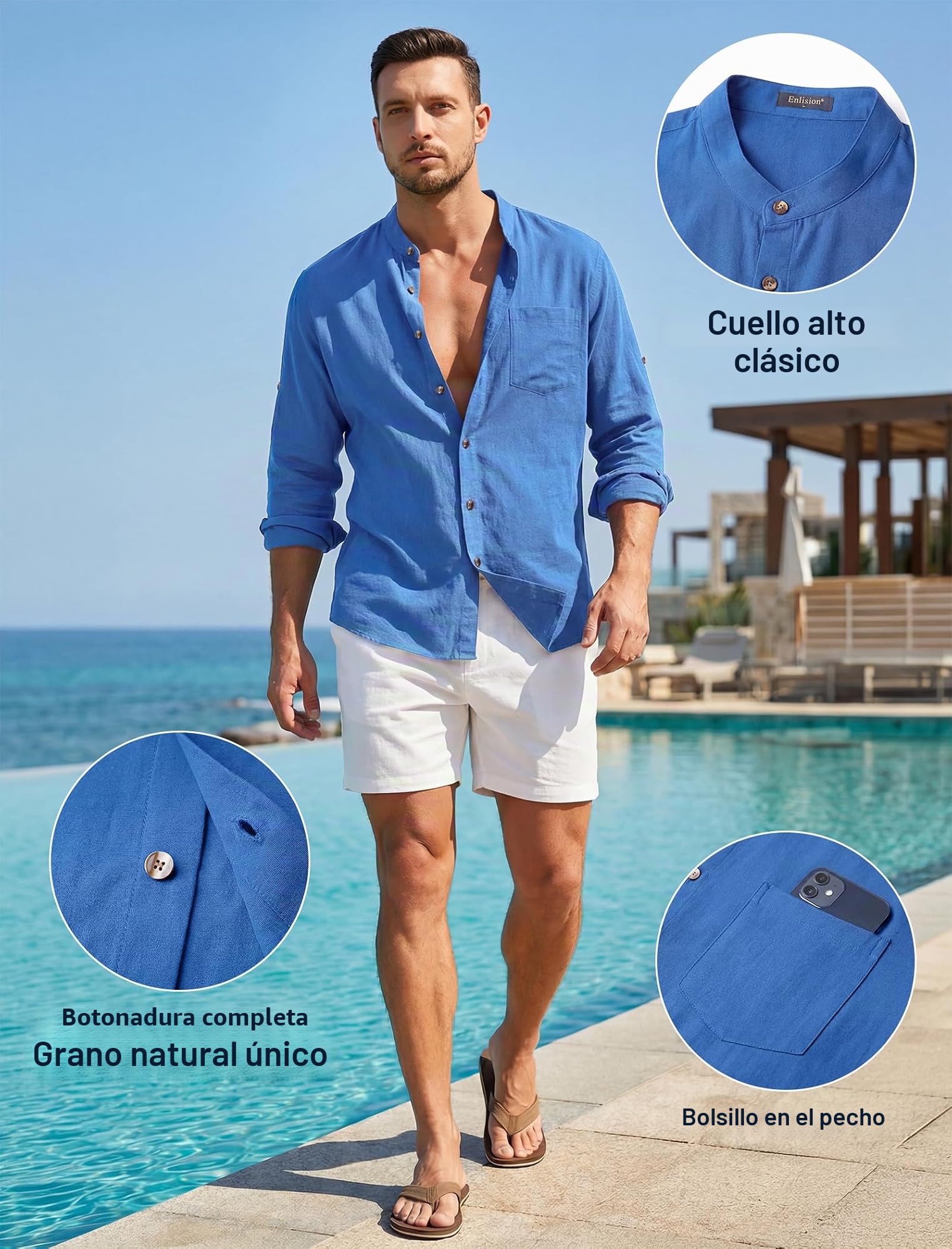 Enlision Camisa de Lino Manga Larga para Hombre Casual Cuello Mao Camisetas con Botónes Elegantes Playa Verde S-4XL