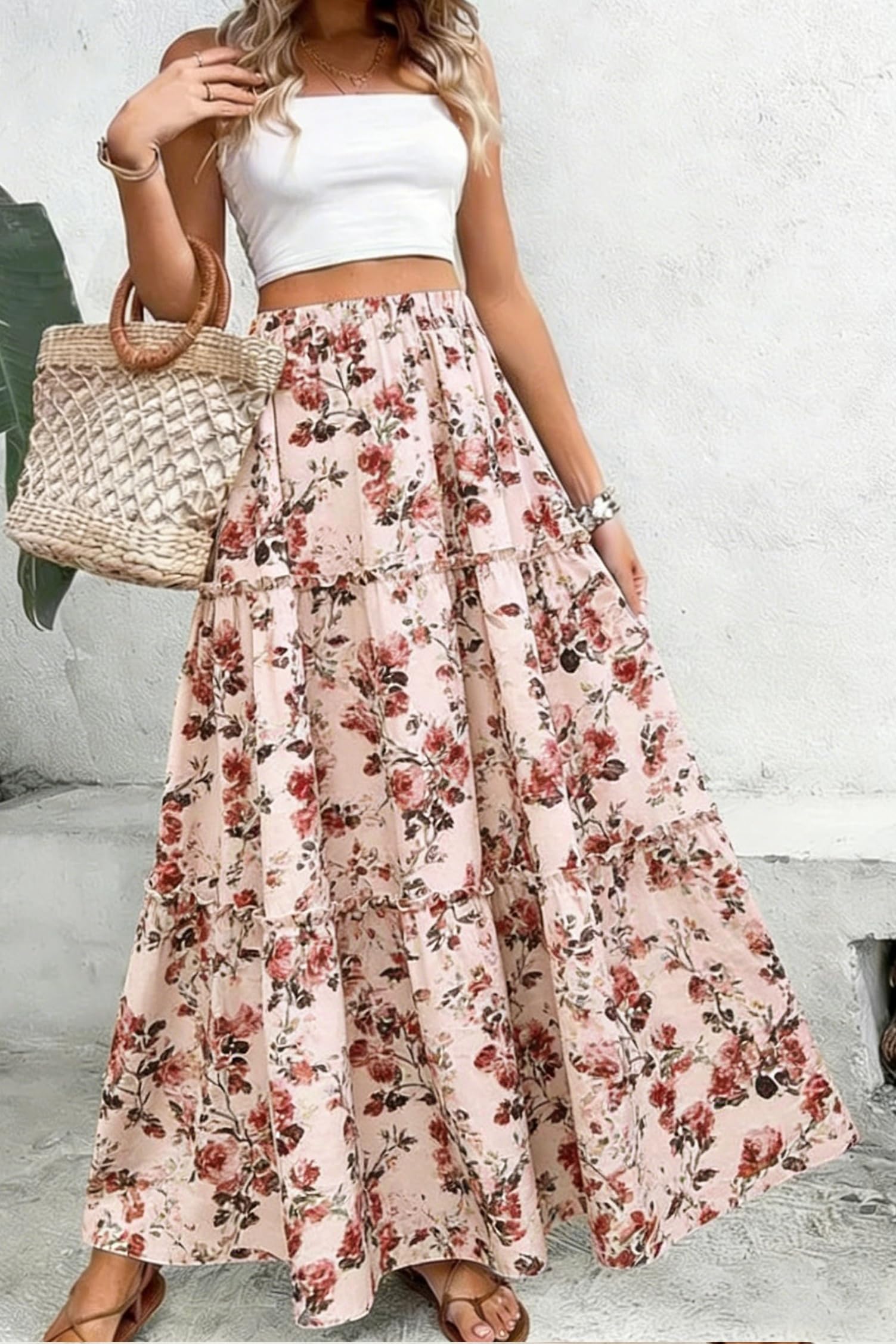 Falda Larga Cintura Alta Elegante Maxi con Bolsillos A-línea Elástica Bohemio Playa Verano