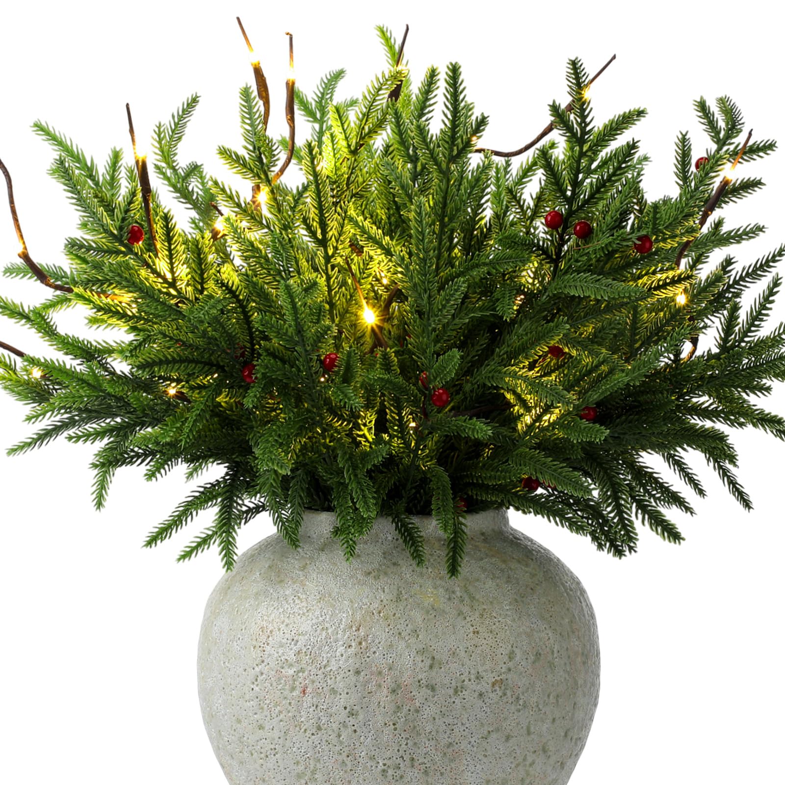 Branches de pin Norfolk artificiel avec baies rouges et 2 tiges lumineuses